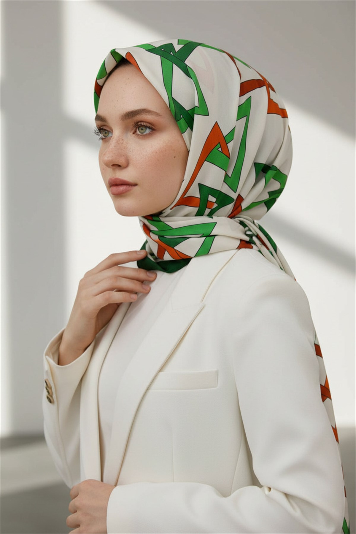 KREP GEOMETRİK DESENLİ ZÜMRÜT YEŞİLİ RENKLİ 75X195 KIRIŞMAZ ŞAL