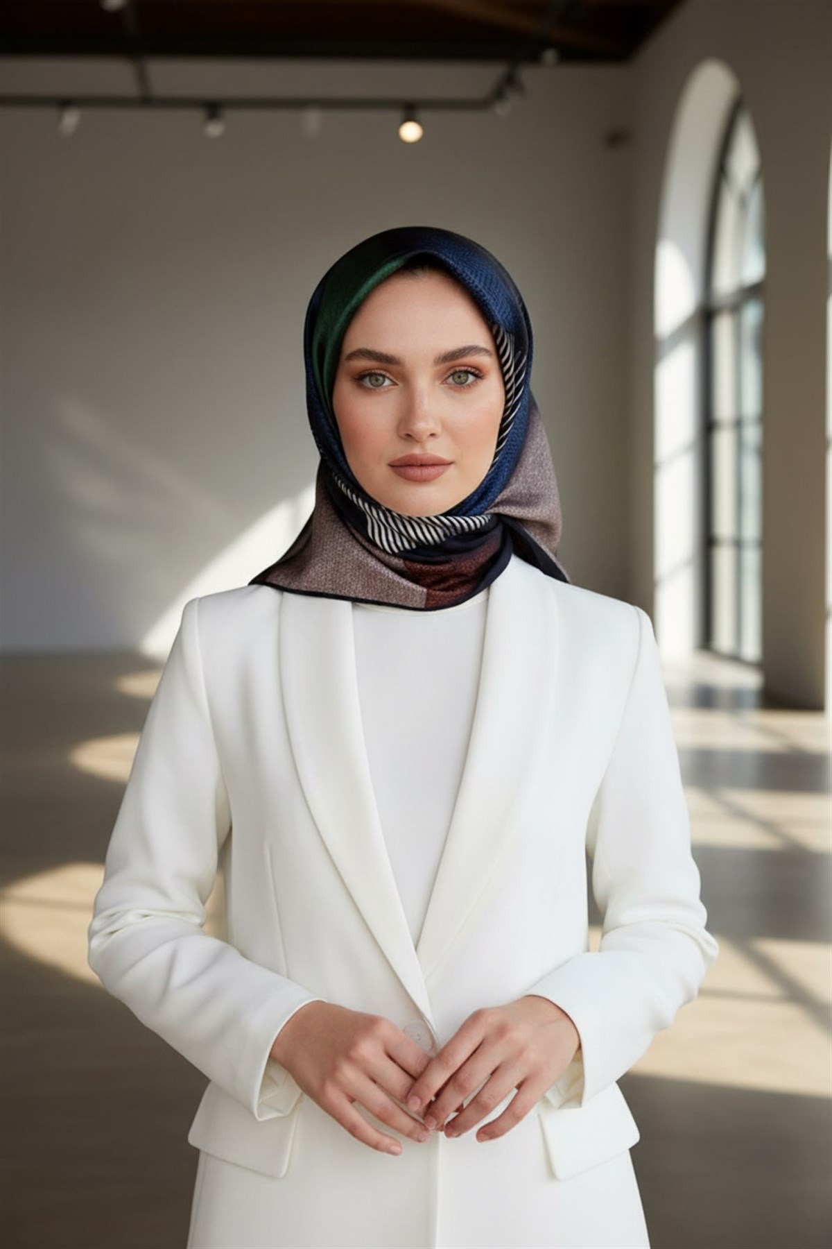 %100 Twill İpek Dokulu ve Geometrik Desenli Lacivert - Zümrüt Yeşili Renkli 90x90 Eşarp Dikim Şekli : El Dikişi