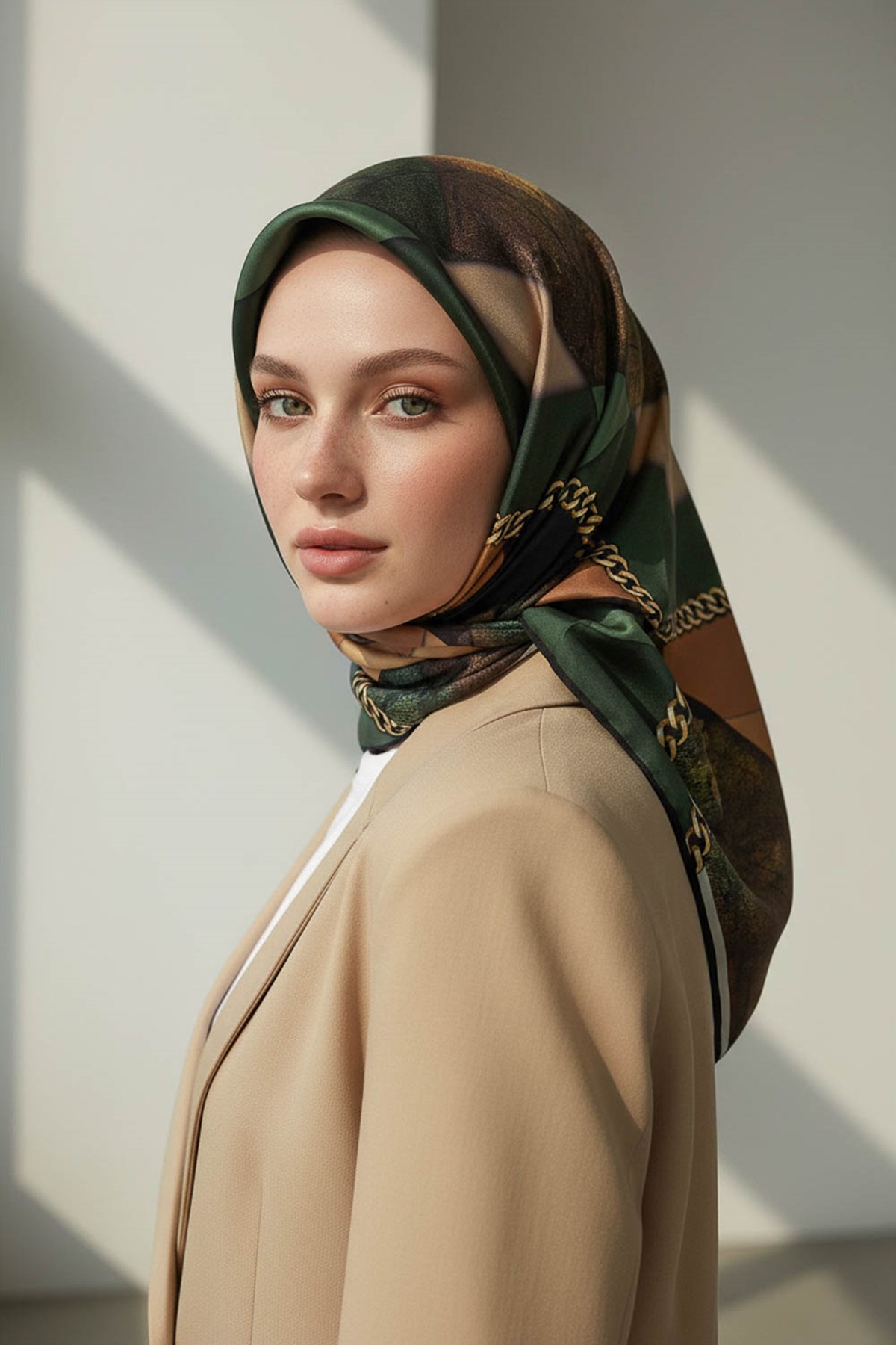 %100 Twill İpek Taş Efekti Desenli Zümrüt - Siyah Renkli 90x90 Eşarp Dikim Şekli : El Dikişi