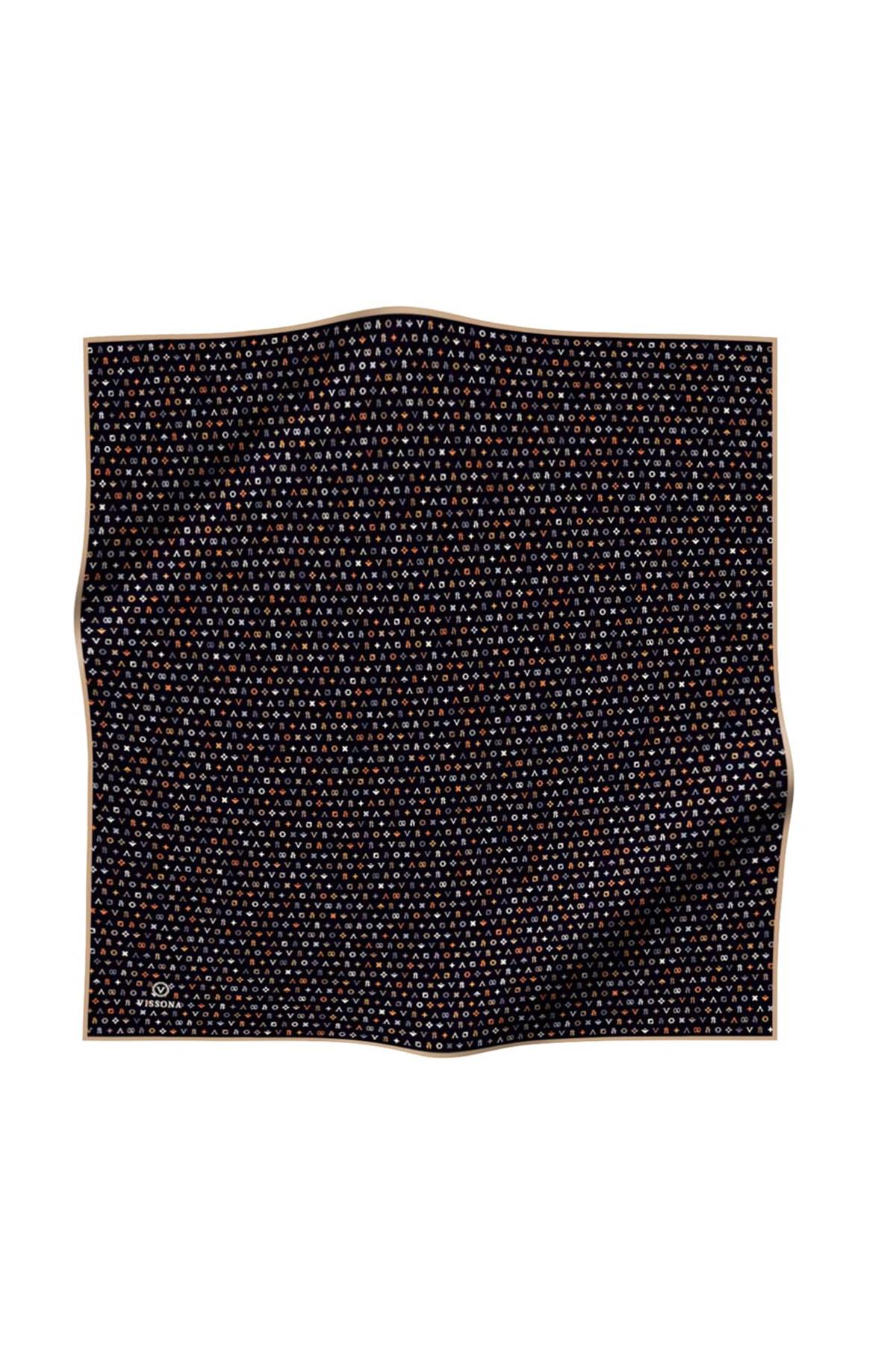 %100 Twill İpek Çıtır Motif Desenli Siyah - Bej Renkli 90x90 Eşarp Dikim Şekli : El Dikişi