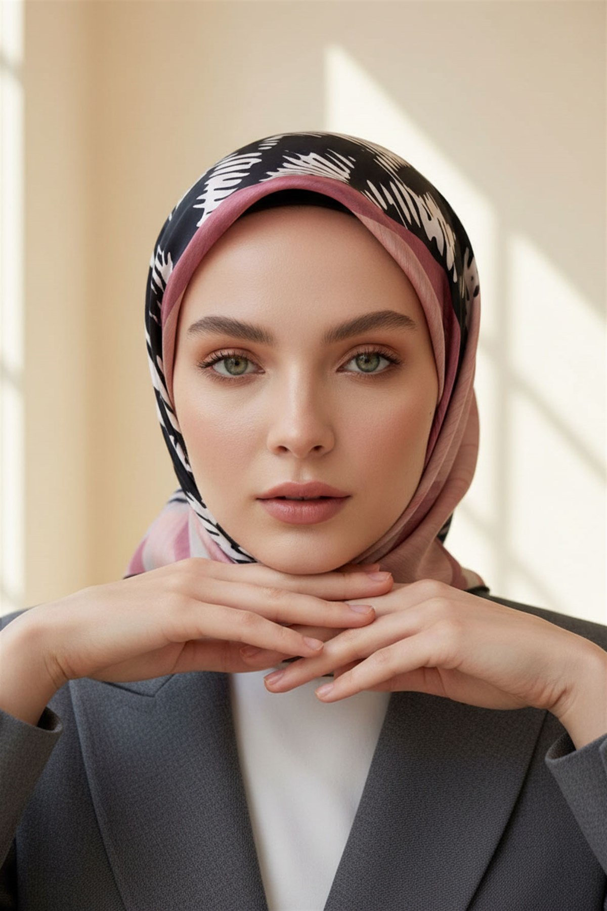 %100 Twill İpek Kazayağı Desenli Pudra - Siyah Renkli 90x90 Eşarp Kenar Dikiş Şekli El Dikişli