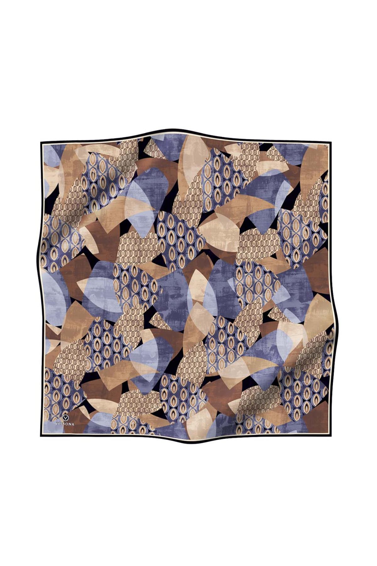 %100 Twill İpek Geometrik Desenli Gri - Sütlü Kahve Renkli 90x90 Eşarp Eşarp Kenar Dikiş Şekli El Dikişli