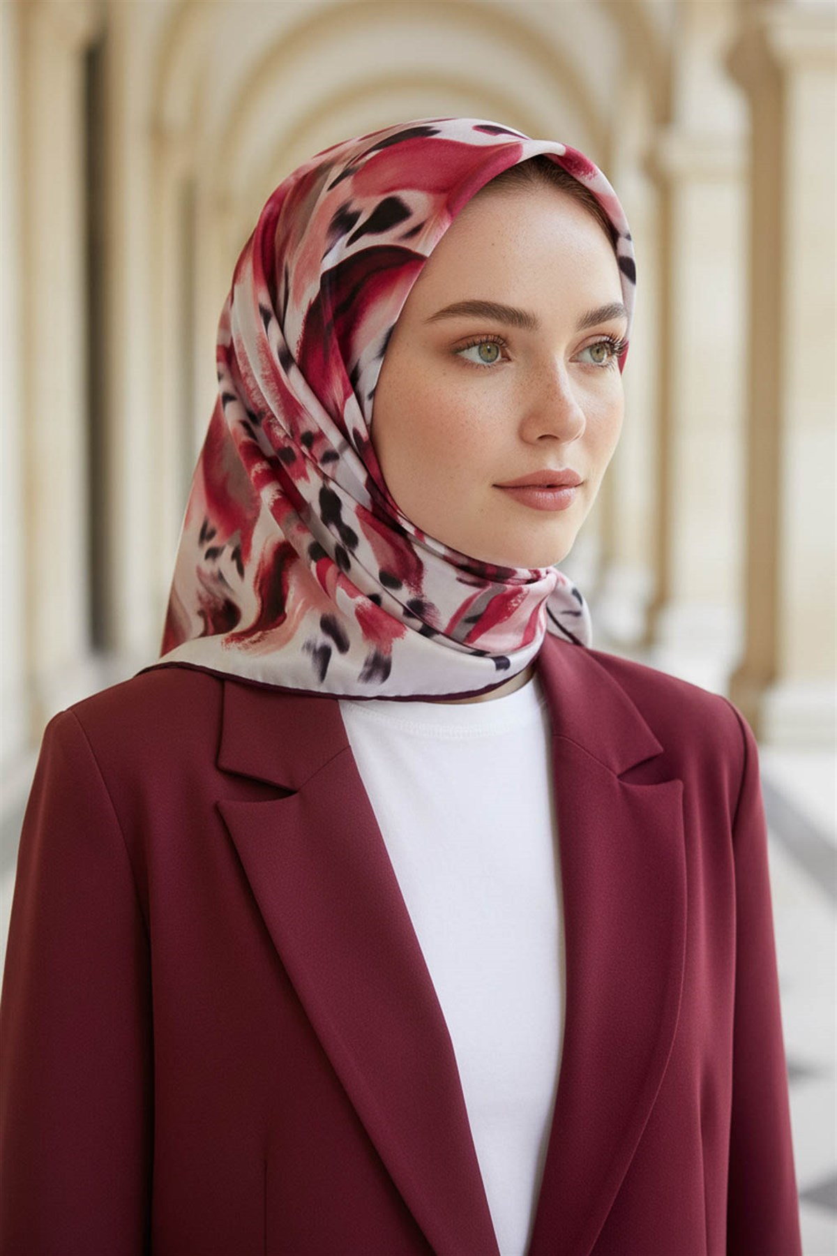 %100 Twill İpek Batik Desenli Bordo - Gri Renkli 90x90 Eşarp Dikim Şekli : El Dikişi