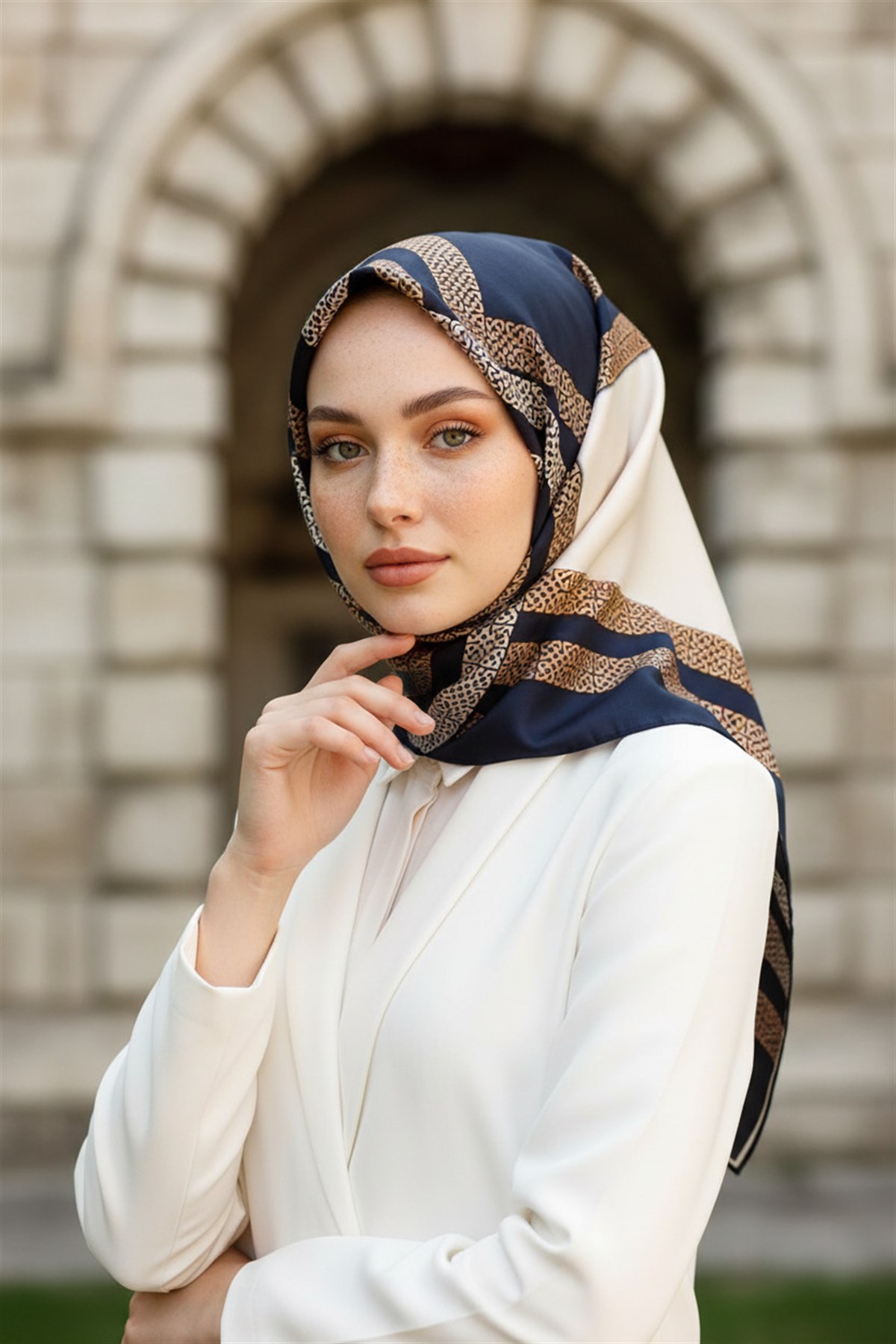 % 57 İPEK % 43 VİSKON Twill İpek Geometrik Desenli Lacivert - Krem Renkli 90x90 Eşarp Dikim Şekli : El Dikişi