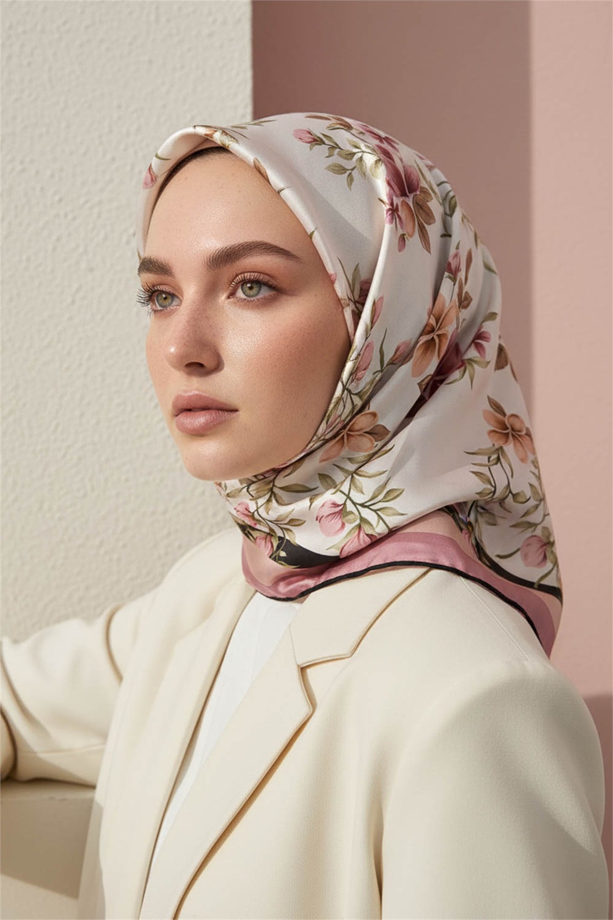 Rayon Çiçek Desenli Pudra Renkli 90x90 Eşarp (İpek İçermez) Dikim Şekli : El Dikişi