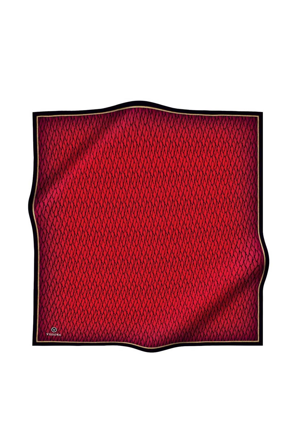 %100 Twill İpek File Desenli Kırmızı - Siyah Renkli 90x90 Eşarp Dikim Şekli : El Dikişi
