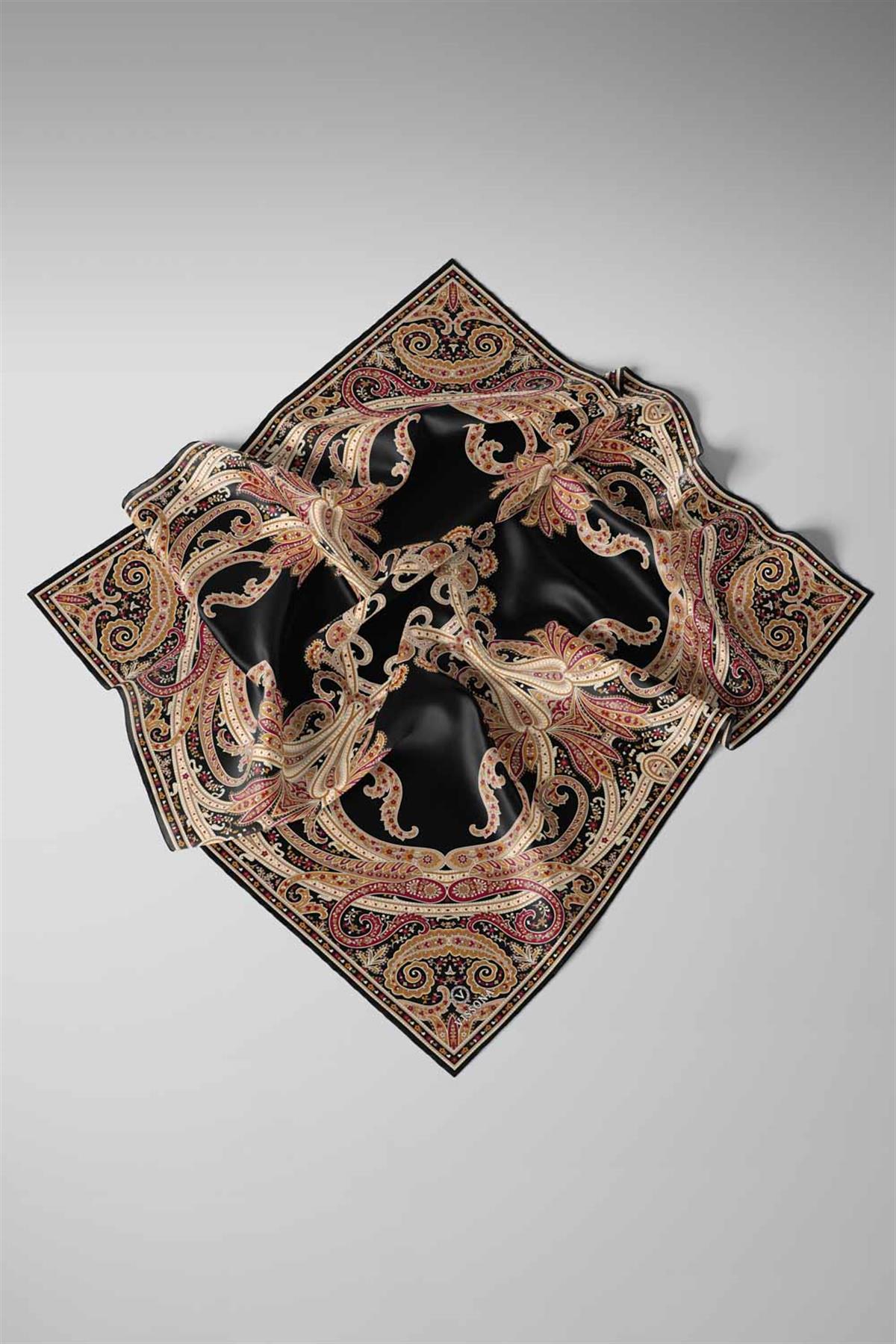 %100 Twill İpek Şal Desenli Siyah - Bordo Renkli 90x90 Eşarp Dikim Şekli : El Dikişi