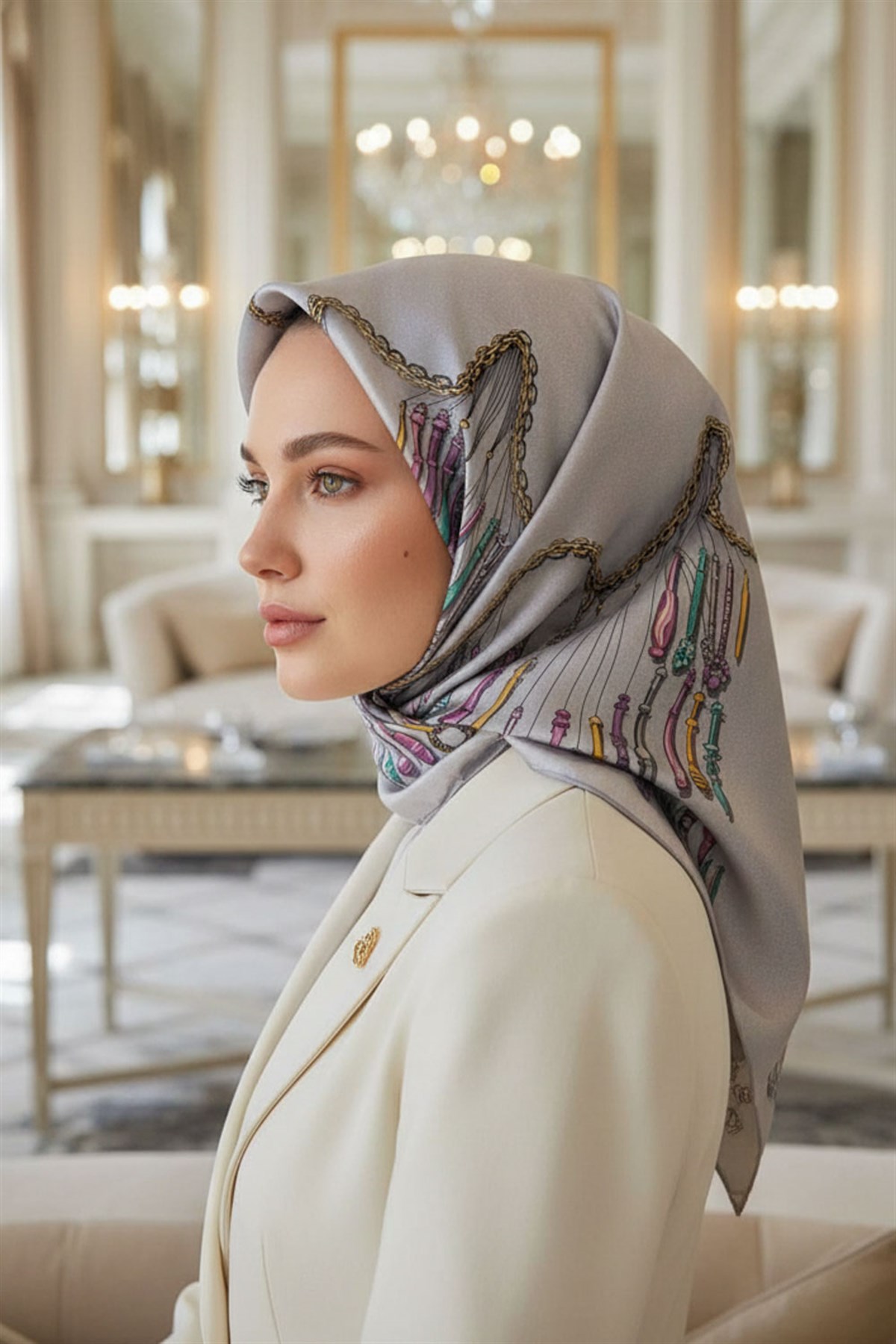%100 Twill İpek Zincir Desenli Gri Renkli 90x90 Eşarp Dikim Şekli : El Dikişi