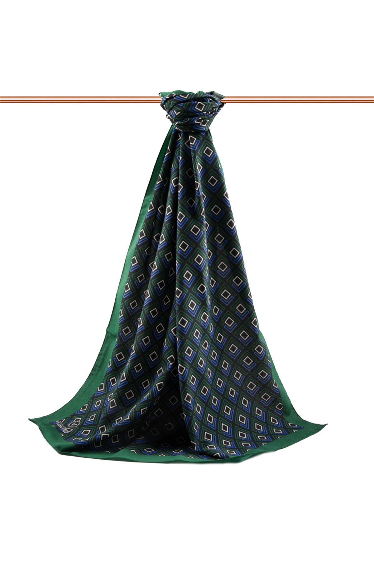 LÜKS MEDİNE İPEĞİ MİNİ MOTİF DESENLİ ZÜMRÜT YEŞİLİ - SAKS RENKLİ 75X195 KIRIŞMAZ ŞAL MOSS KREP DİKİŞ TİPİ İTALYAN DİKİŞLİ