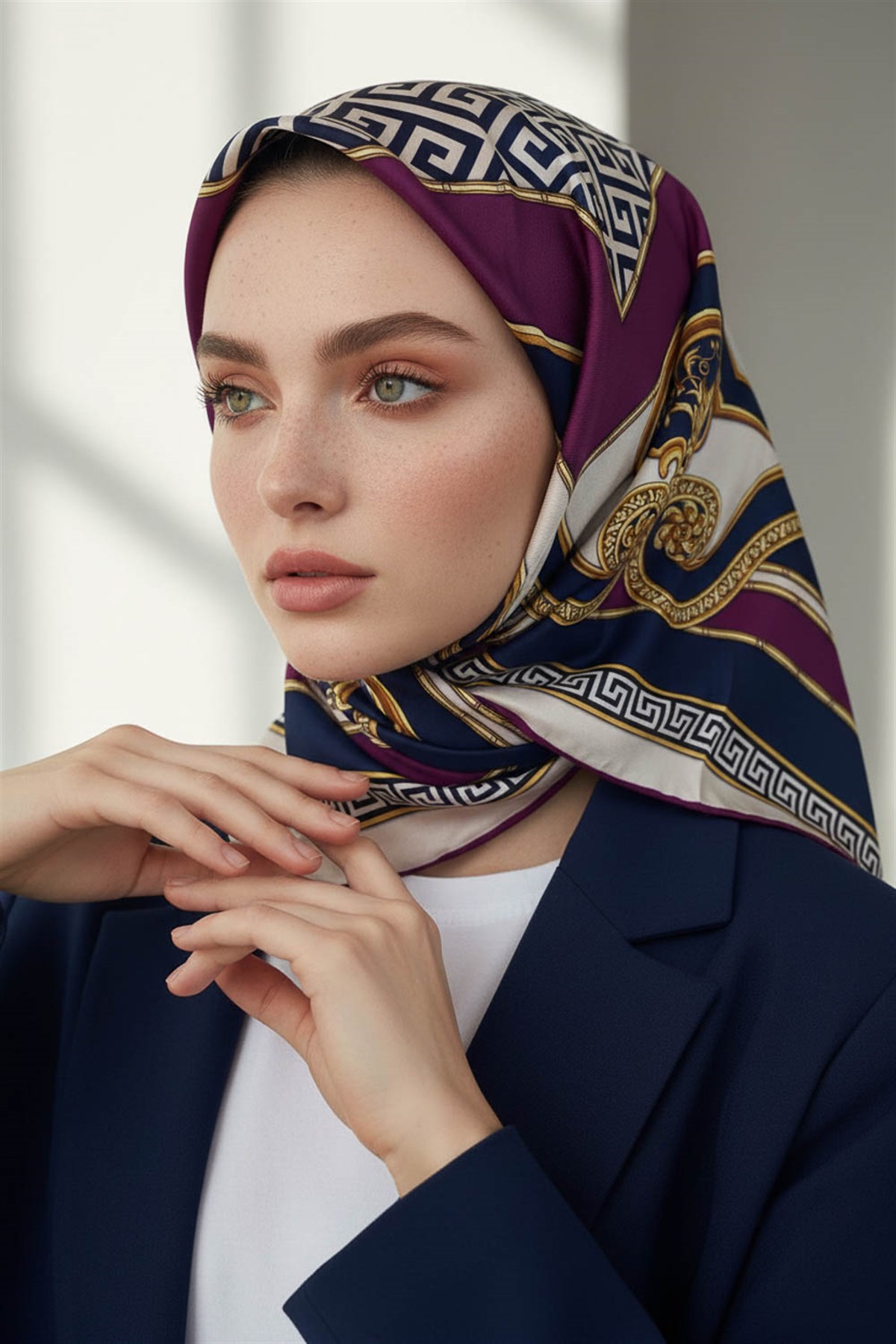 %100 Twill İpek Barok Desenli Mürdüm - Lacivert Renkli 90x90 Eşarp Dikim Şekli : El Dikişi