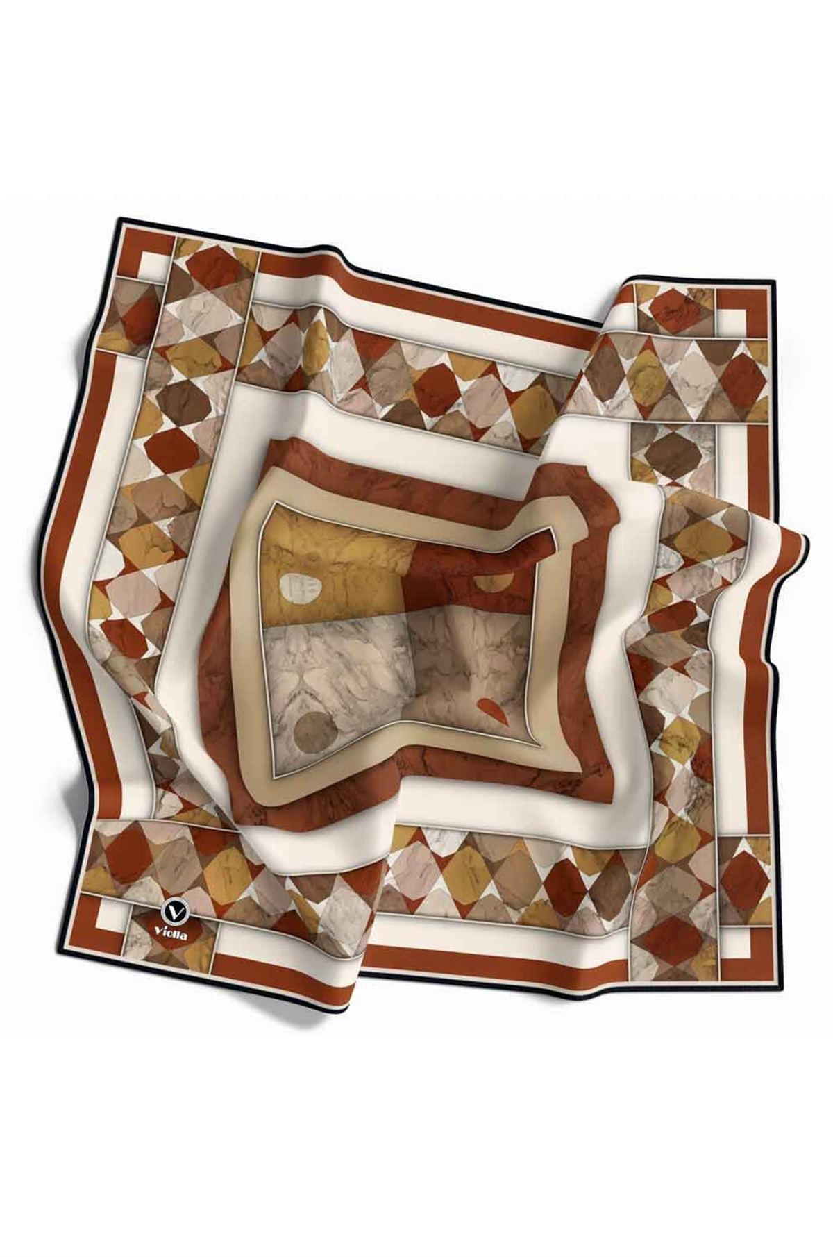 Twill Geometrik Mermer Desenli Taba Renkli 90x90 Eşarp (İpek İçermez) Kenar Dikiş Şekli El Dikişli
