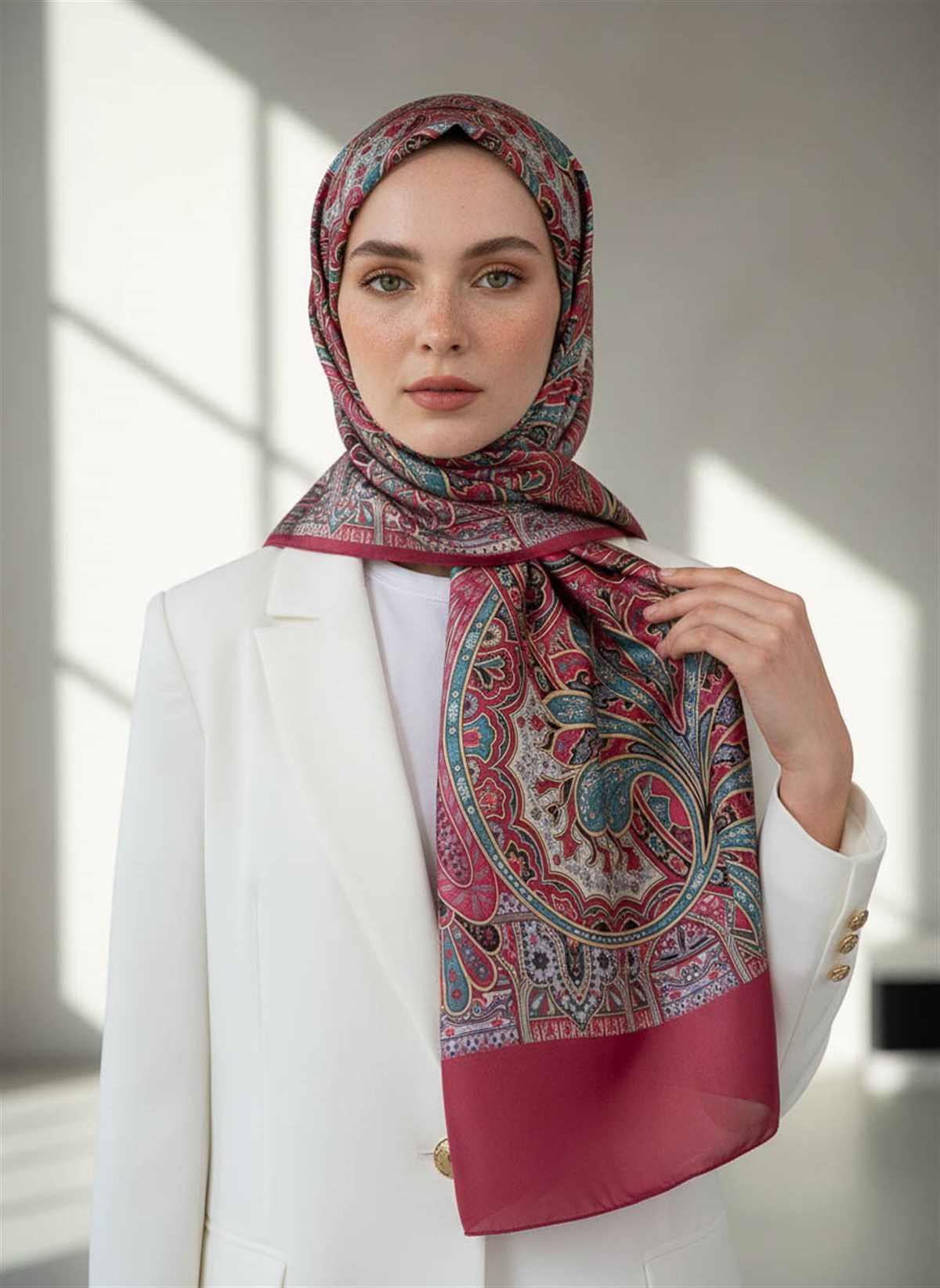 %100 Saf İpek Şal İnce Saten Vual Dokuma Etnik Desenli Bordo Renkli 90x210 Şal