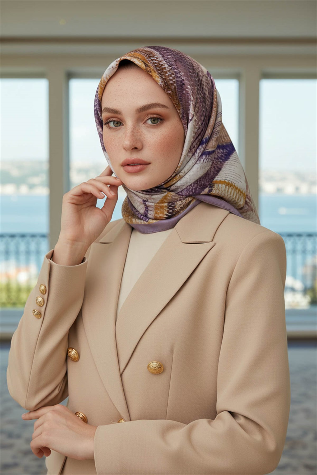 %100 Twill İpek Efektli ve Geometrik Desenli Sirke - Hardal Renkli 90x90 Eşarp Dikim Şekli : El Dikişi