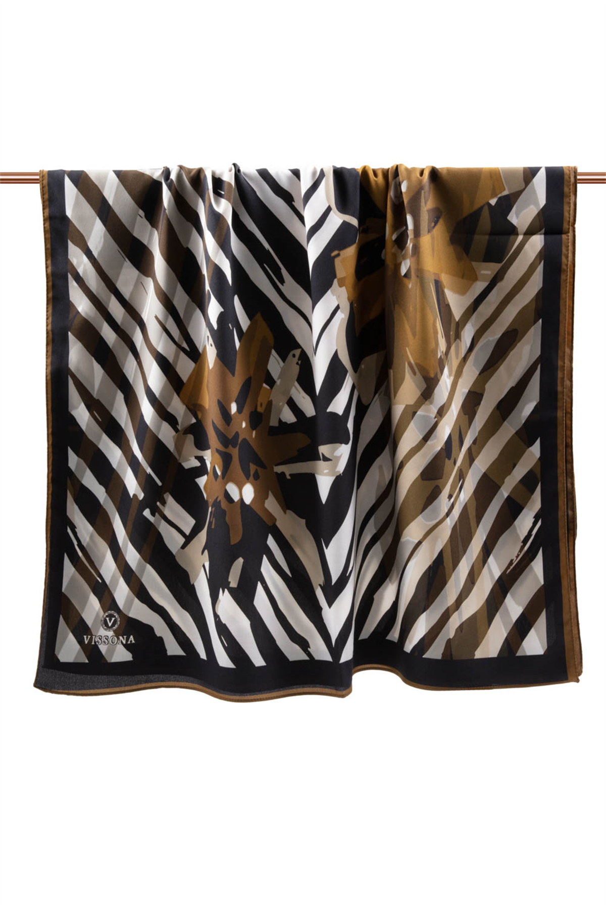 LÜKS MEDİNE İPEĞİ ZEBRA VE ÇİÇEK DESENLİ HARDAL RENKLİ 75X195 KIRIŞMAZ ŞAL MOSS KREP DİKİŞ TİPİ İTALYAN DİKİŞLİ