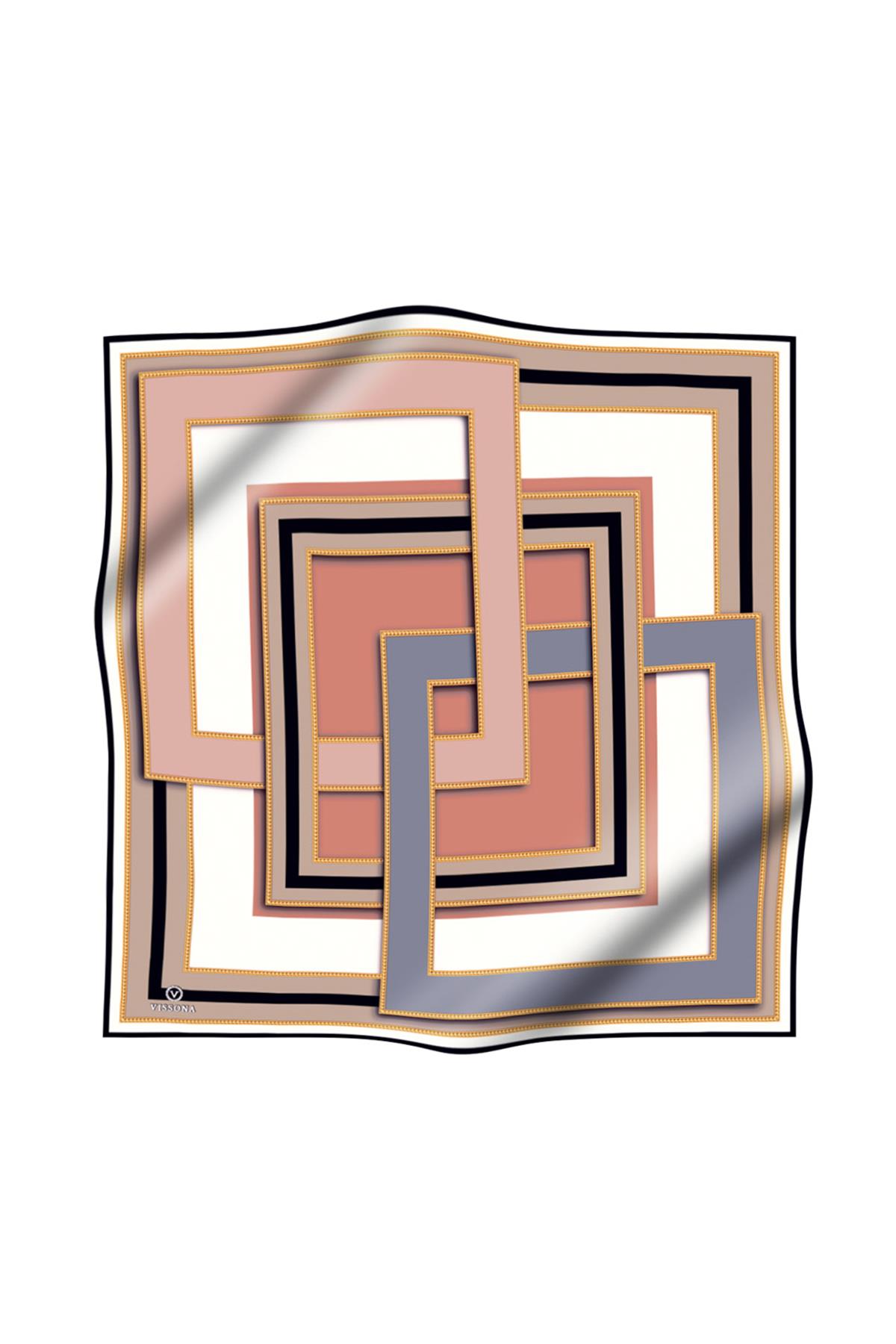 %100 Twill İpek Geometrik Desenli Pudra - Gümüş Renkli 90x90 Eşarp Dikim Şekli : El Dikişi