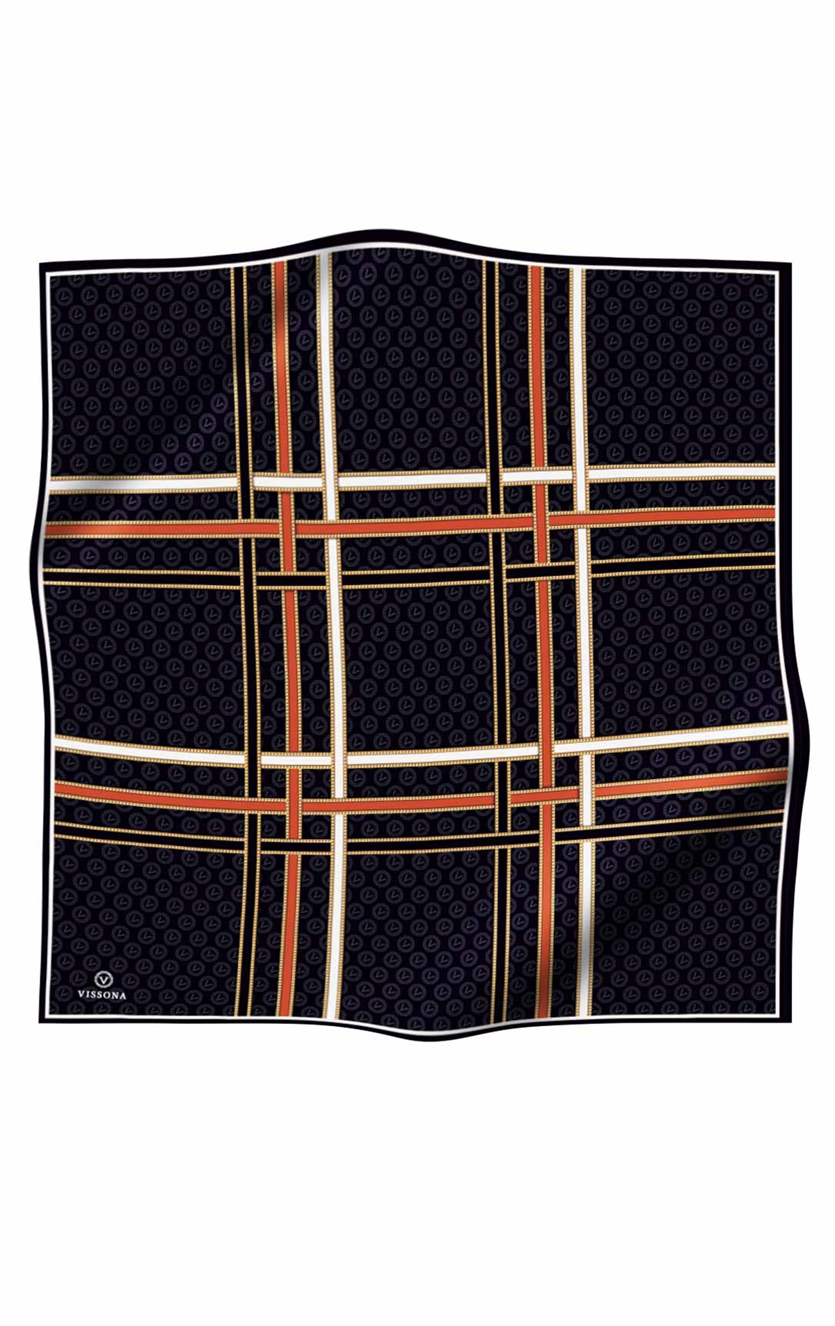 %100 Twill İpek Gold Şeritli Monogram Desenli Siyah - Taba Renkli 90x90 Eşarp Dikim Şekli : El Dikişi