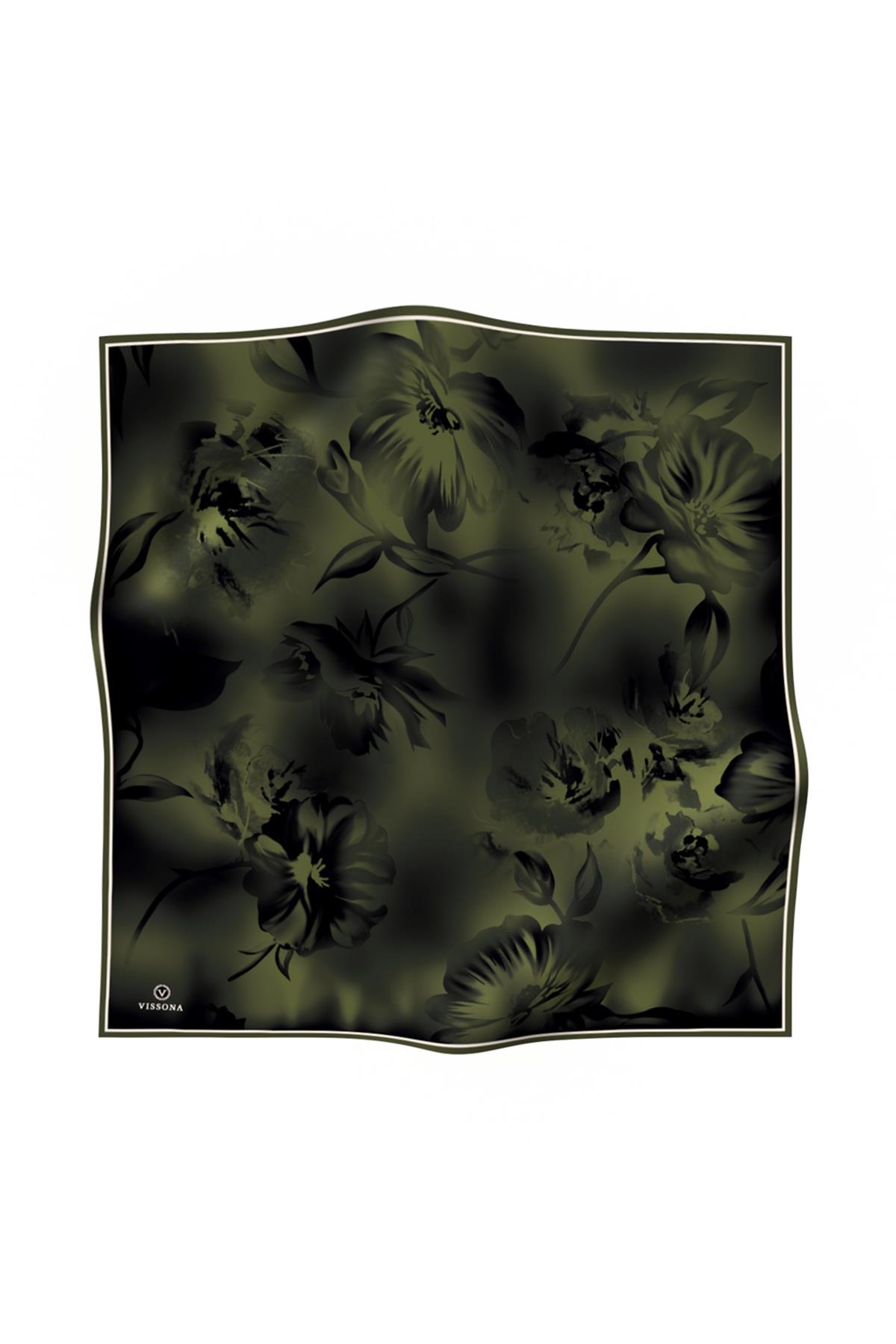 100% Twill İpek Çiçek Desenli Haki Renkli 90x90 Dikim Şekli : El Dikişi Eşarp