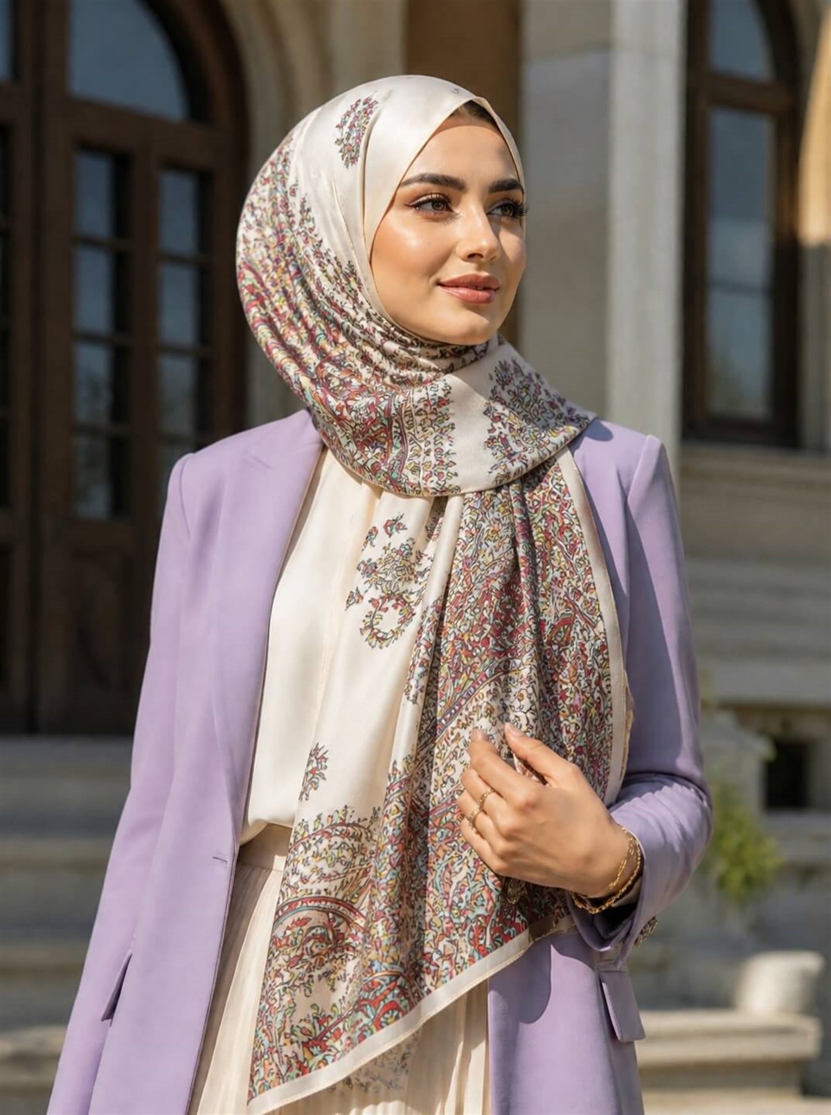 %100 Saf İpek Şal İnce Saten Vual Dokuma Etnik Desenli Krem Renkli 90x210 Şal