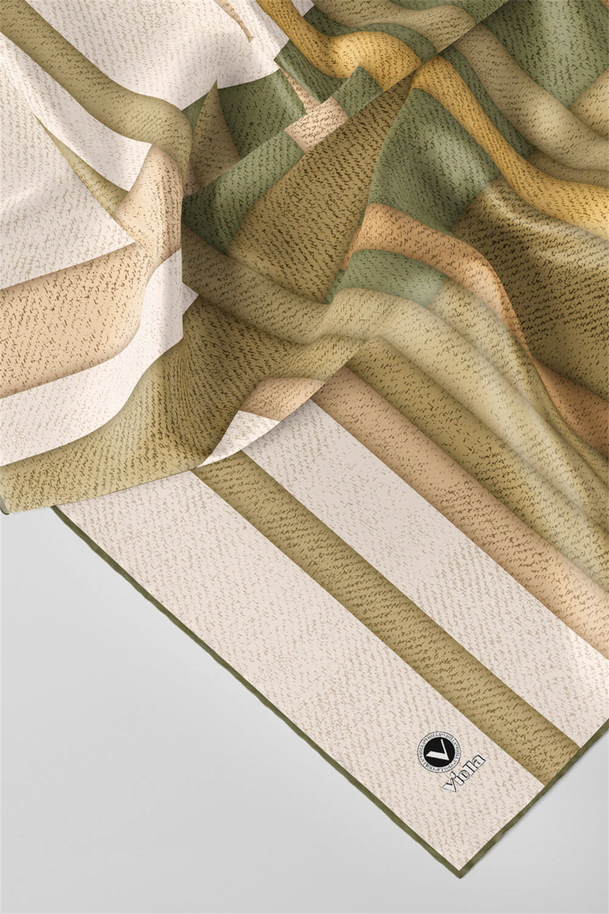 Twill Renkli Şerit Desenli Haki Renkli 90x90 Eşarp (İpek İçermez) Kenar Dikiş Şekli El Dikişli