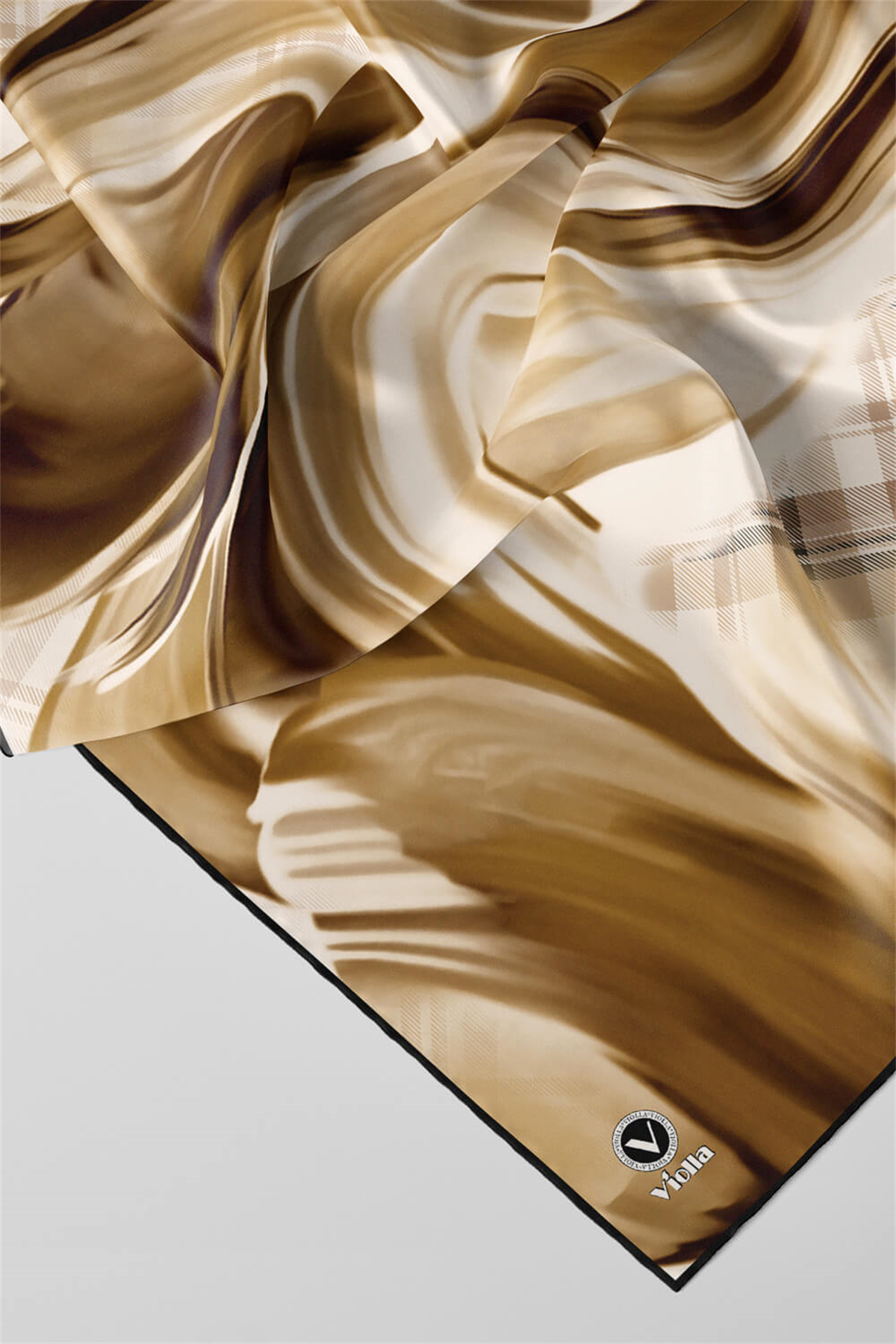 Twill Dalga ve Ekose Desenli Hardal Renkli 90x90 Eşarp (İpek İçermez)Kenar Dikiş Şekli El Dikişli