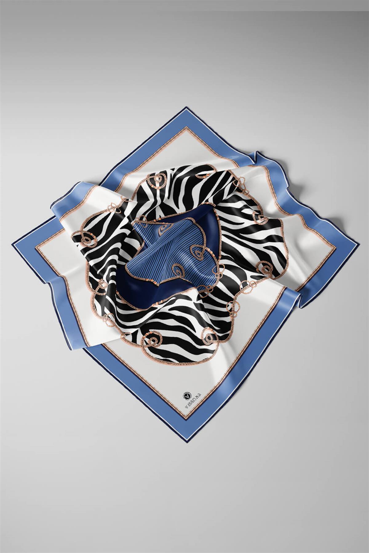 %100 Twill İpek Zincirli Ve Zebra Desenli İndigo - Lacivert Renkli 90x90 Eşarp Dikim Şekli : El Dikişi