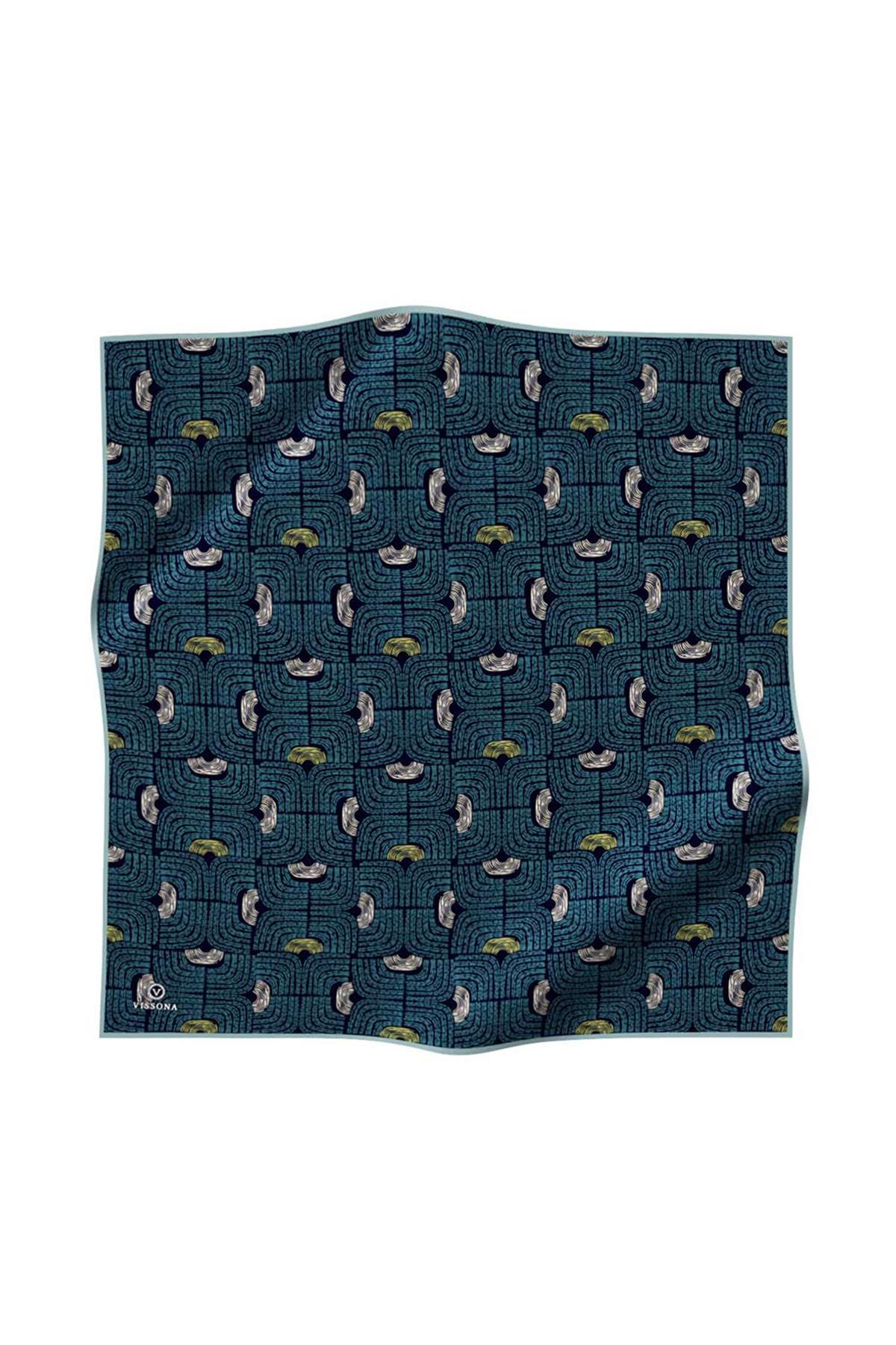 %100 Twill İpek Geometrik Desenli Petrol Mavisi - Lacivert Renkli 90x90 Eşarp Dikim Şekli : El Dikişi