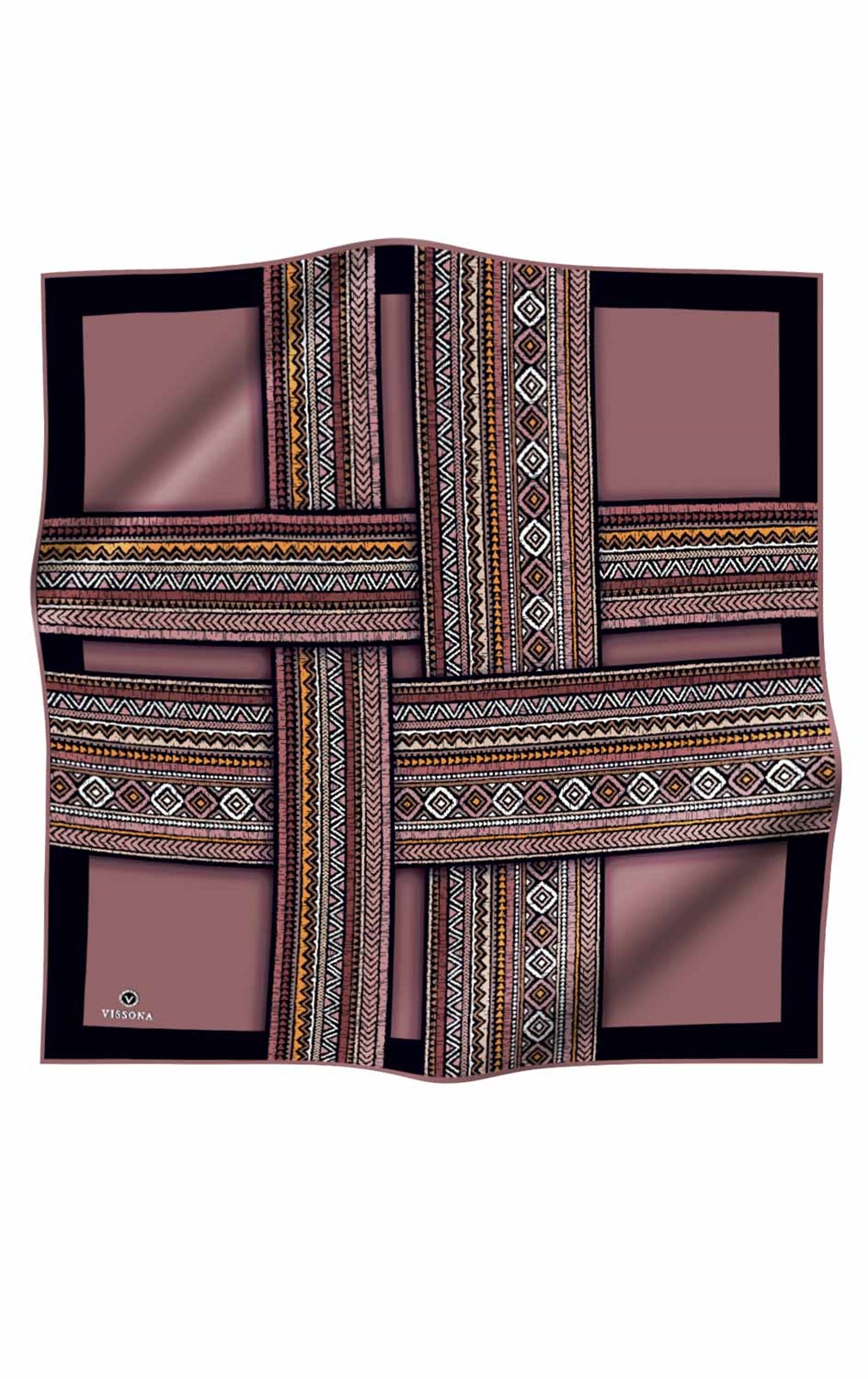 %100 Twill İpek Etnik Desenli Gül Kurusu - Bej Renkli 90x90 Eşarp Dikim Şekli : El Dikişi