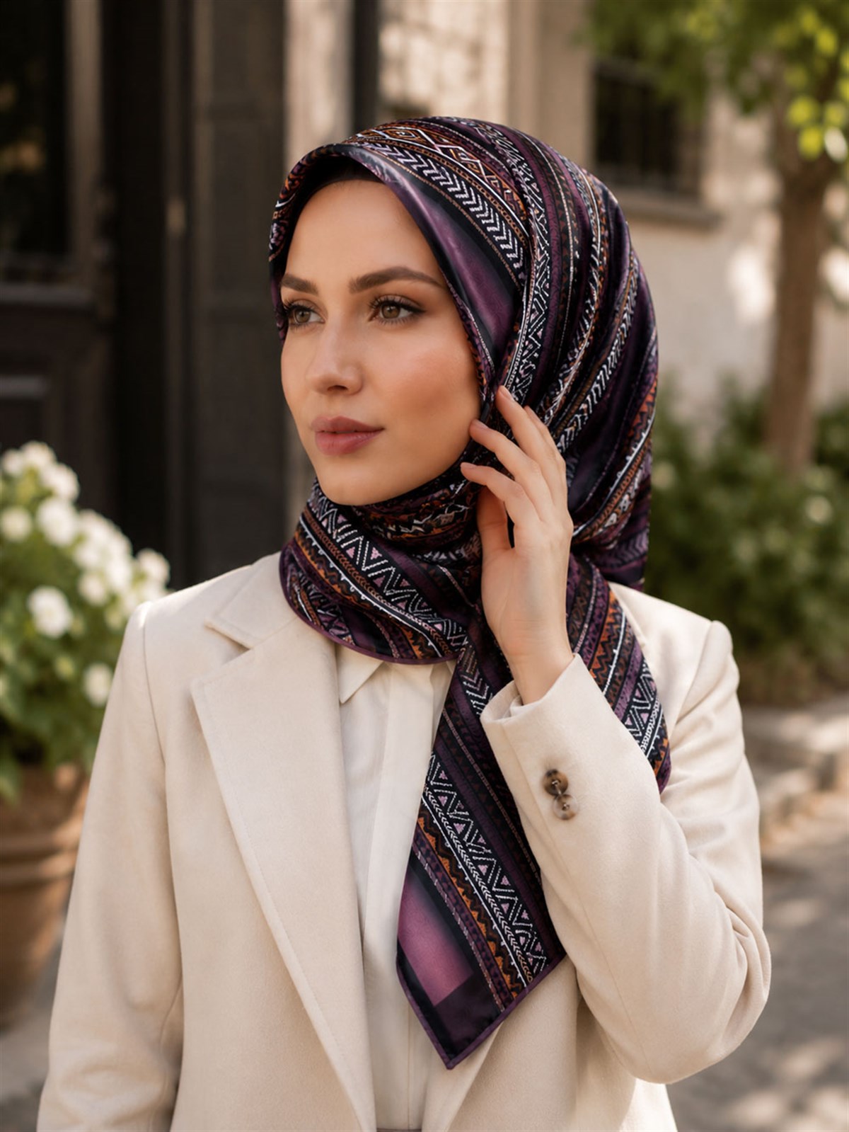 %100 Twill İpek Etnik Desenli Gül Kurusu - Bej Renkli 90x90 Eşarp Dikim Şekli : El Dikişi