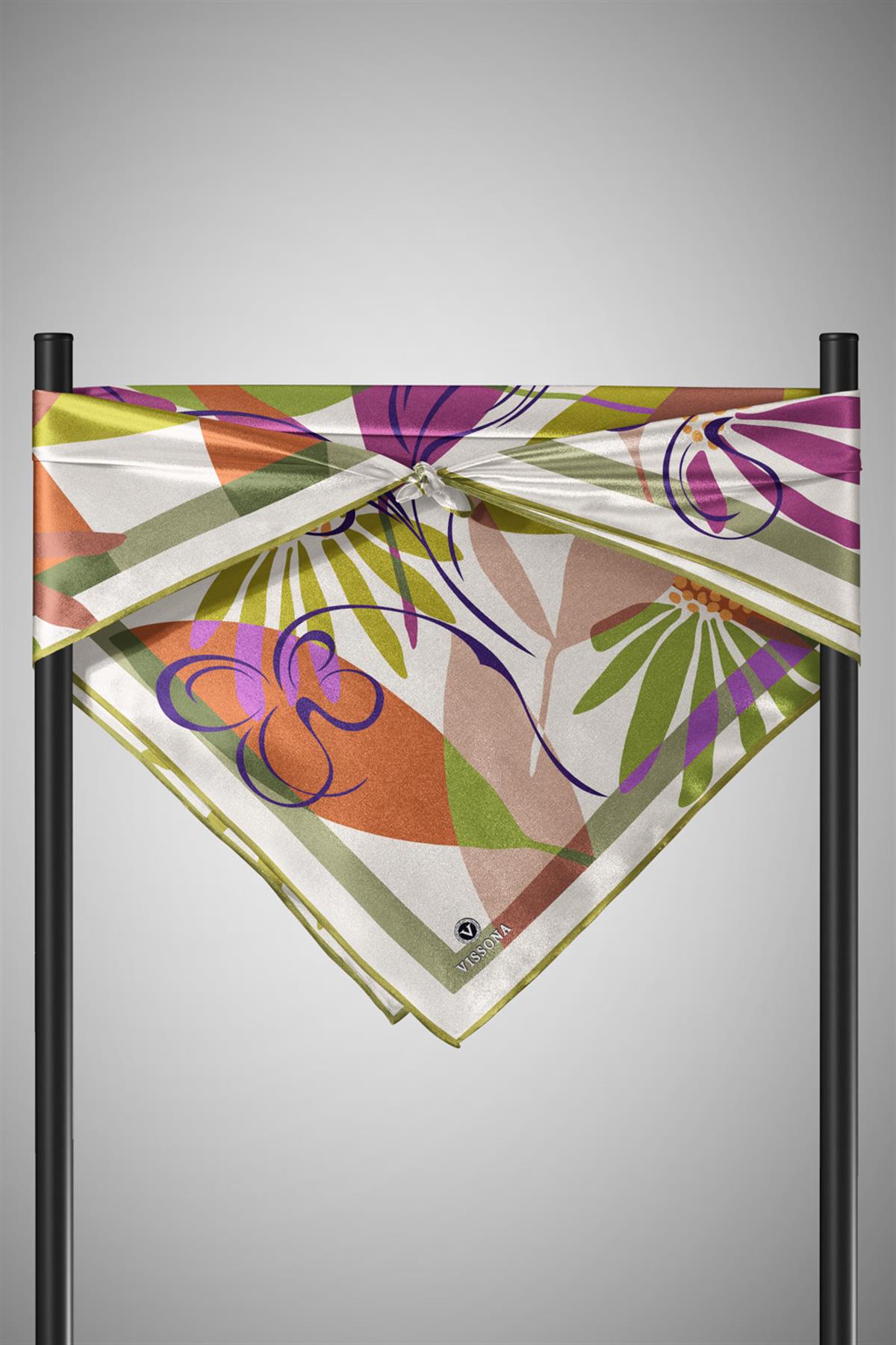 %100 Twill İpek Çiçek Desenli Haki - Mürdüm Renkli 90x90 Eşarp Dikim Şekli : El Dikişi