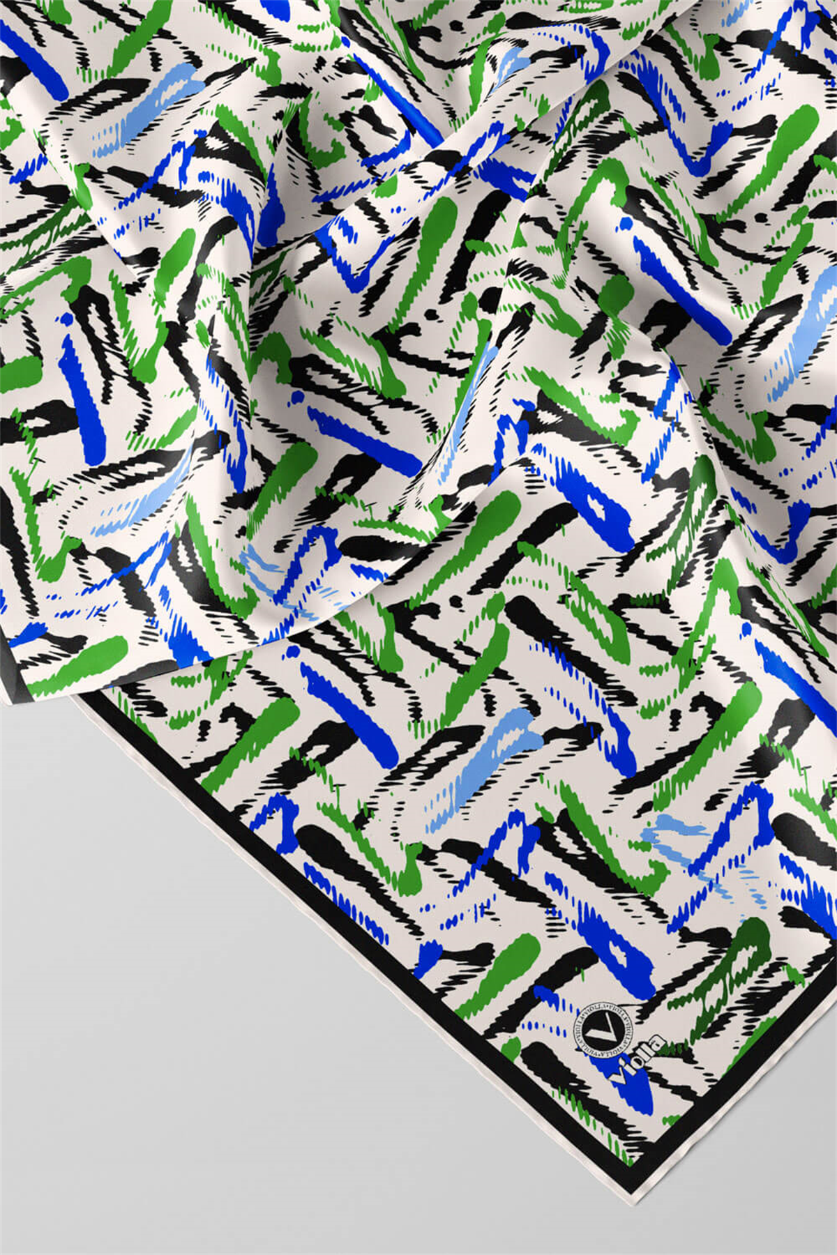 Twill Geometrik Desenli Saks - Zümrüt Yeşili Renkli 90x90 Eşarp (İpek İçermez) Dikim Şekli : El Dikişi