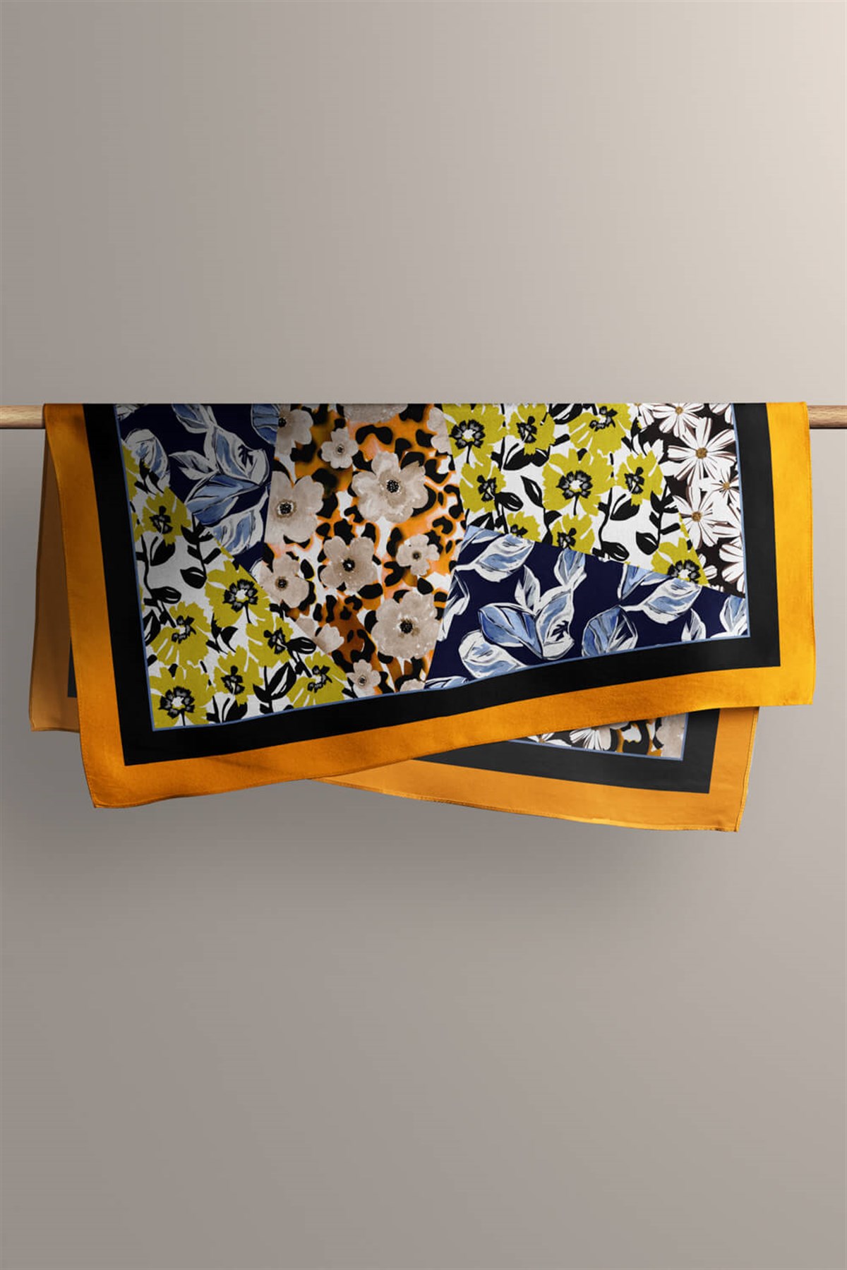 Violla H47 Kadın Sarı Mavi Çiçek Desenli 50x50 Bandana HYL DG01631-22