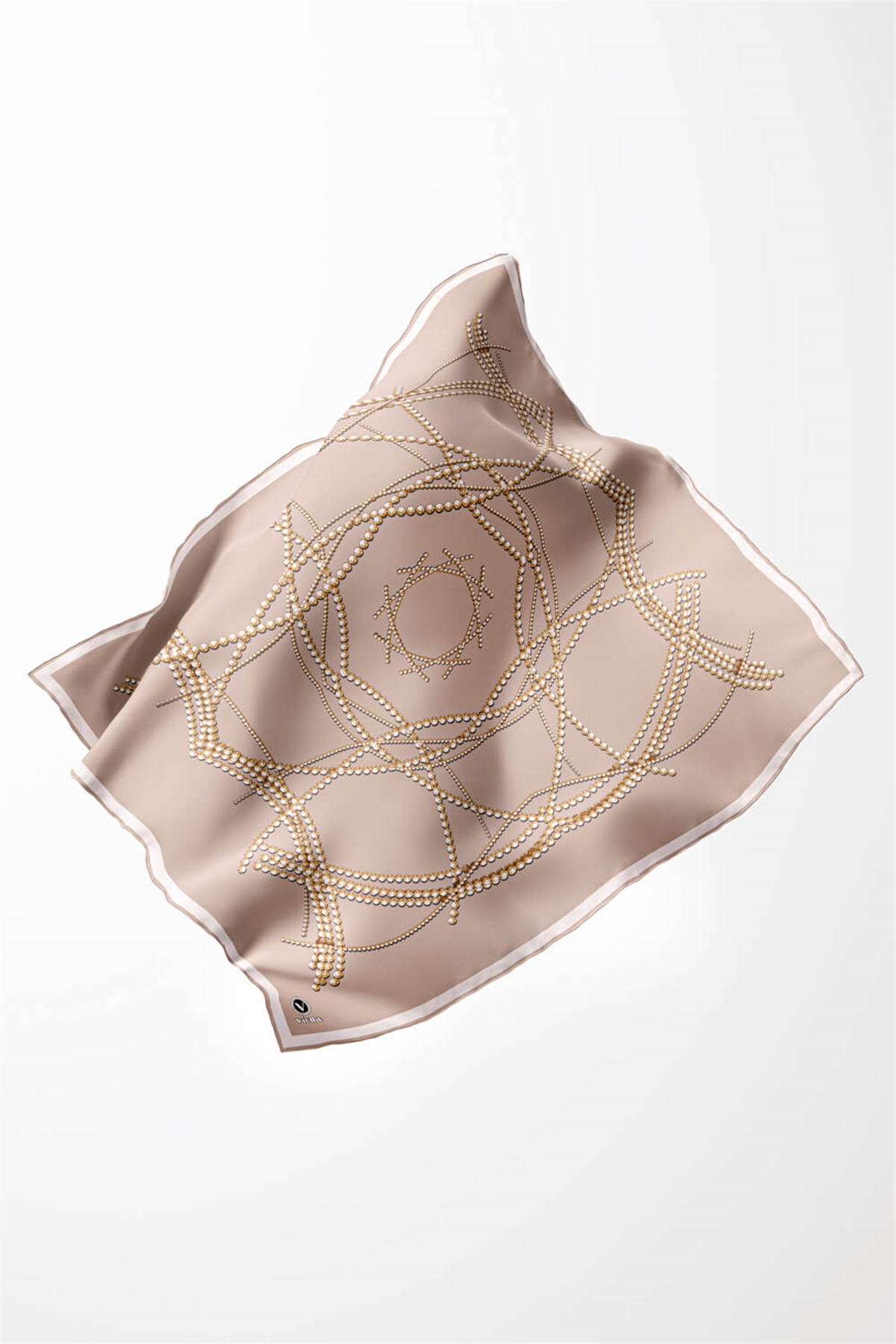 Twill Boncuk Desenli Bej Renkli 90x90 Eşarp (İpek İçermez) Kenar Dikiş Şekli El Dikişli