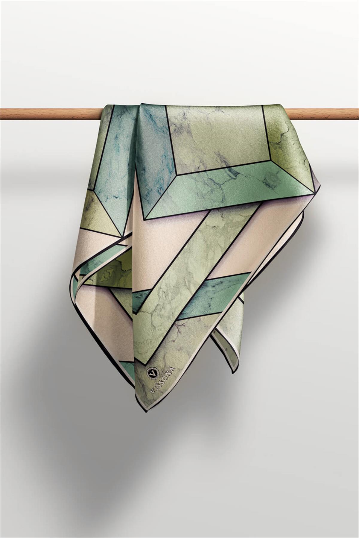 %100 Twill İpek Mermer Desenli Mint Yeşili - Haki Renkli 90x90 Eşarp Dikim Şekli : El Dikişi