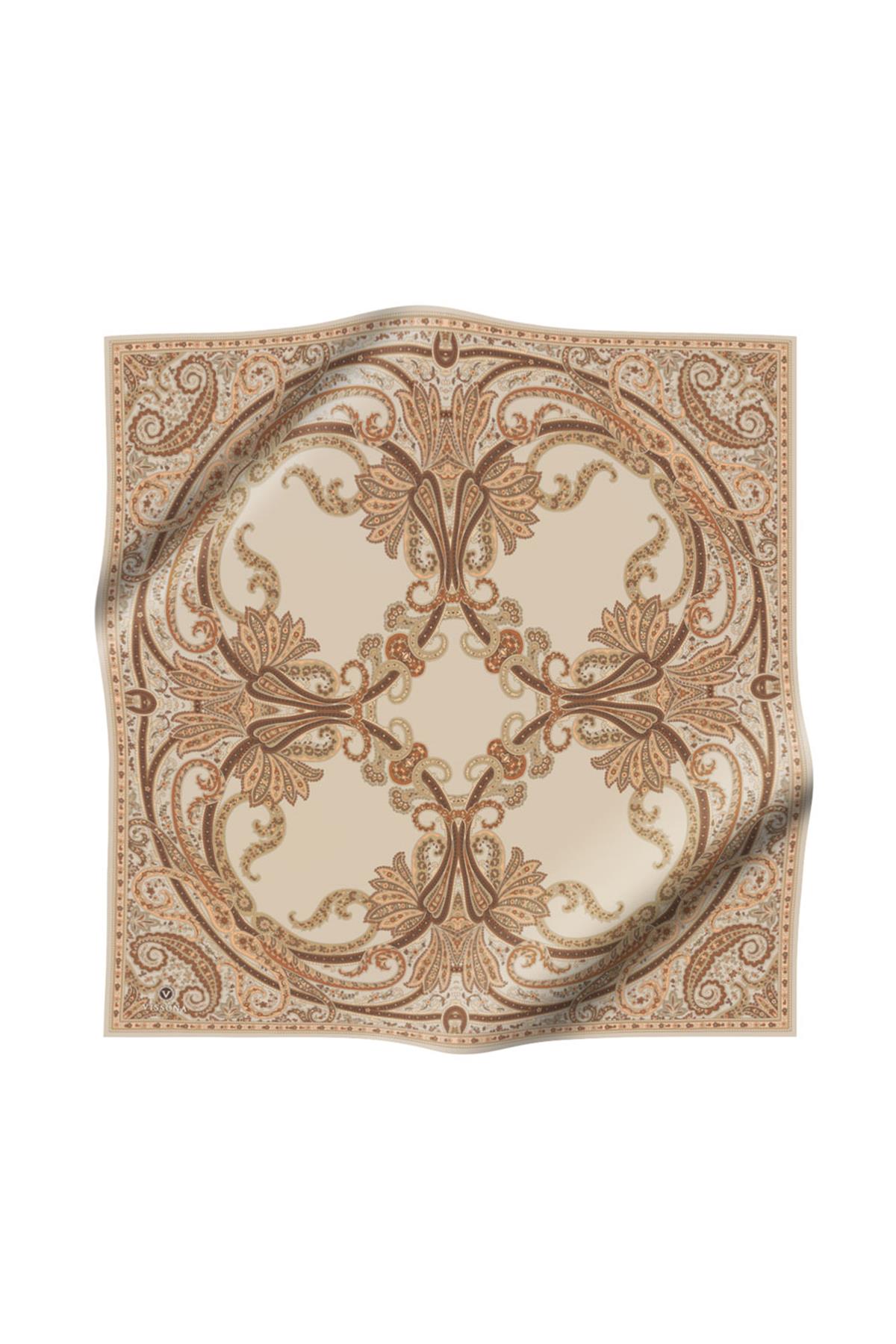 %100 Twill İpek Şal Desenli Bej - Kahverengi Renkli 90x90 Eşarp Dikim Şekli : El Dikişi