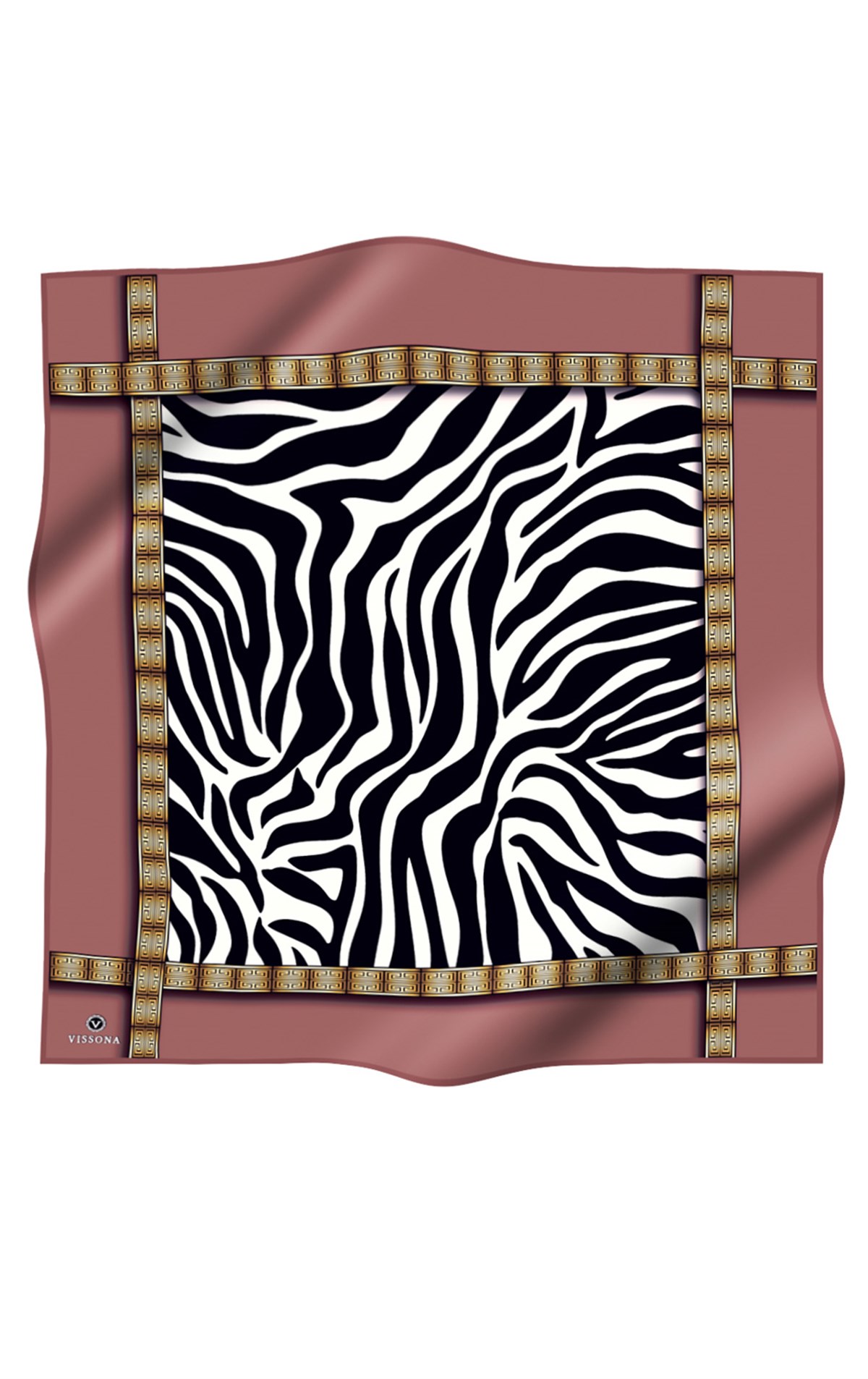 %100 Twill İpek Zebra Desenli Pudra - Gold Renkli 90x90 Eşarp Dikim Şekli : El Dikişi