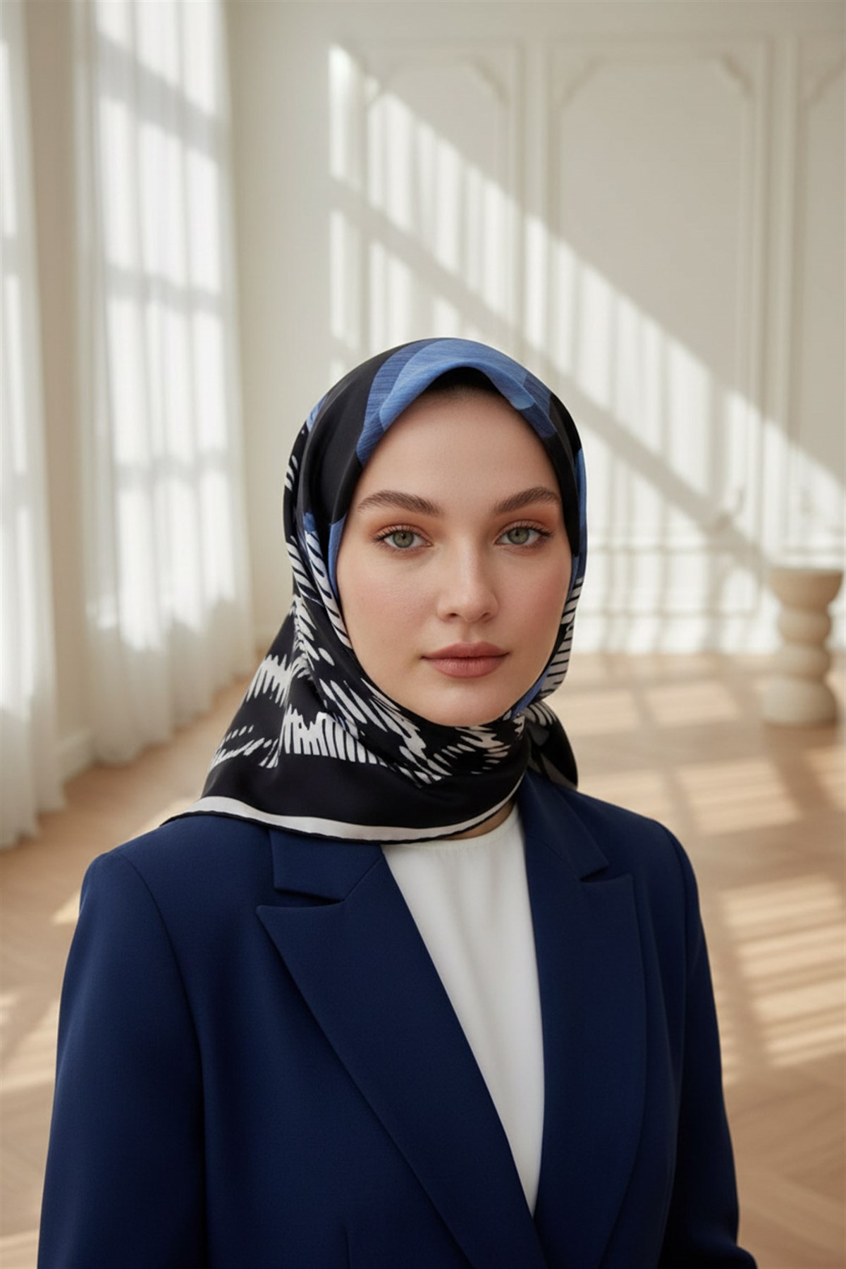 %100 Twill İpek Kazayağı Desenli İndigo - Lacivert Renkli 90x90 Eşarp Kenar Dikiş Şekli El Dikişli