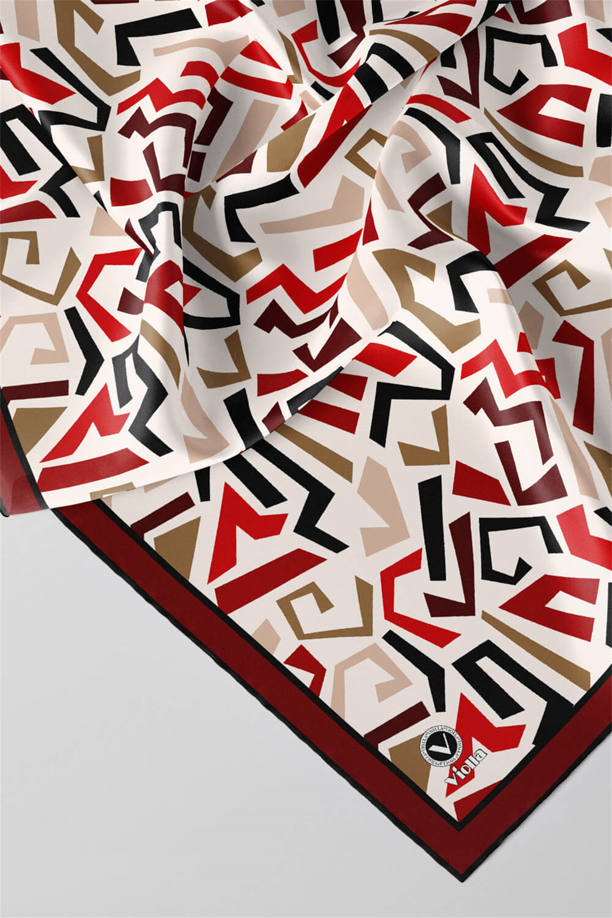Twill Geometrik Desenli Bordo Renkli 90x90 Eşarp (İpek İçermez) Kenar Dikiş Şekli El Dikişli