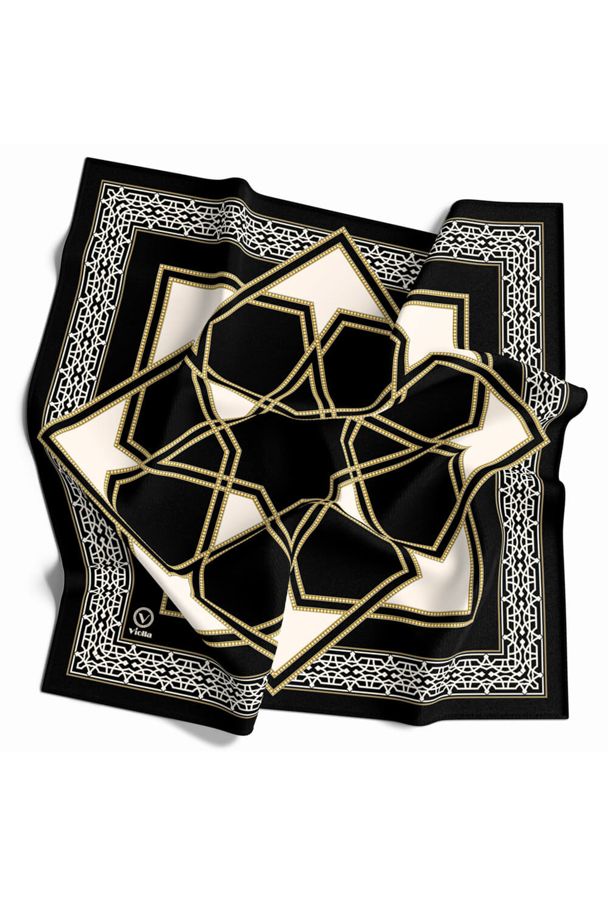 Twill Osmanlı Çini Desenli Siyah Renkli 90x90 Eşarp (İpek İçermez)Kenar Dikiş Şekli El Dikişli