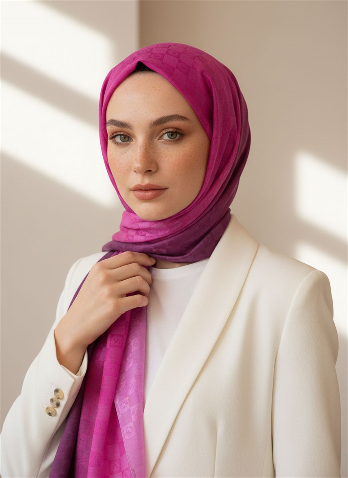 Vissona %57 İPEK %43 PAMUK Degrade Desenli Pembe Renkli Şal -  70x190 Dikiş Tipi İtalyan Dikişli