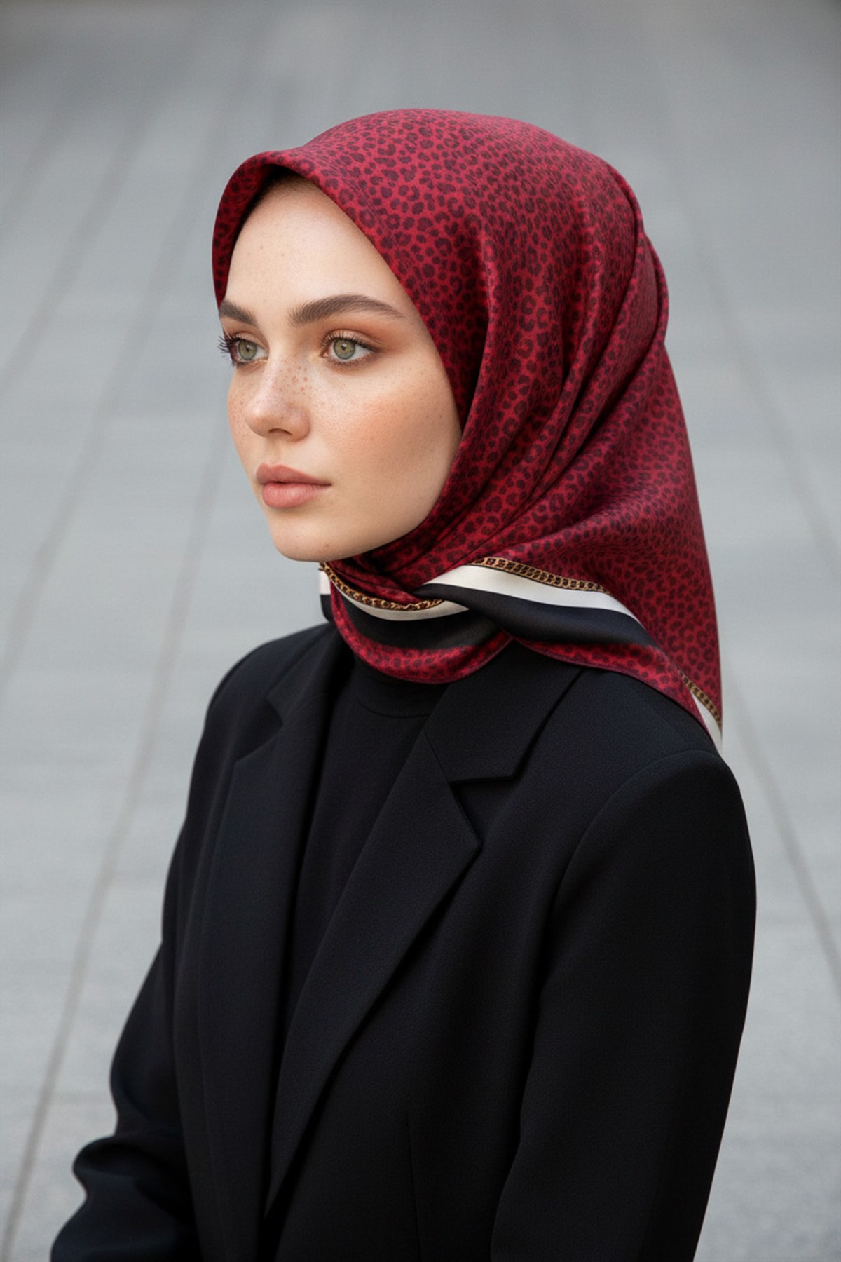 %100 Twill İpek Leopar Desenli Bordo Renkli 90x90 Eşarp Dikim Şekli : El Dikişi