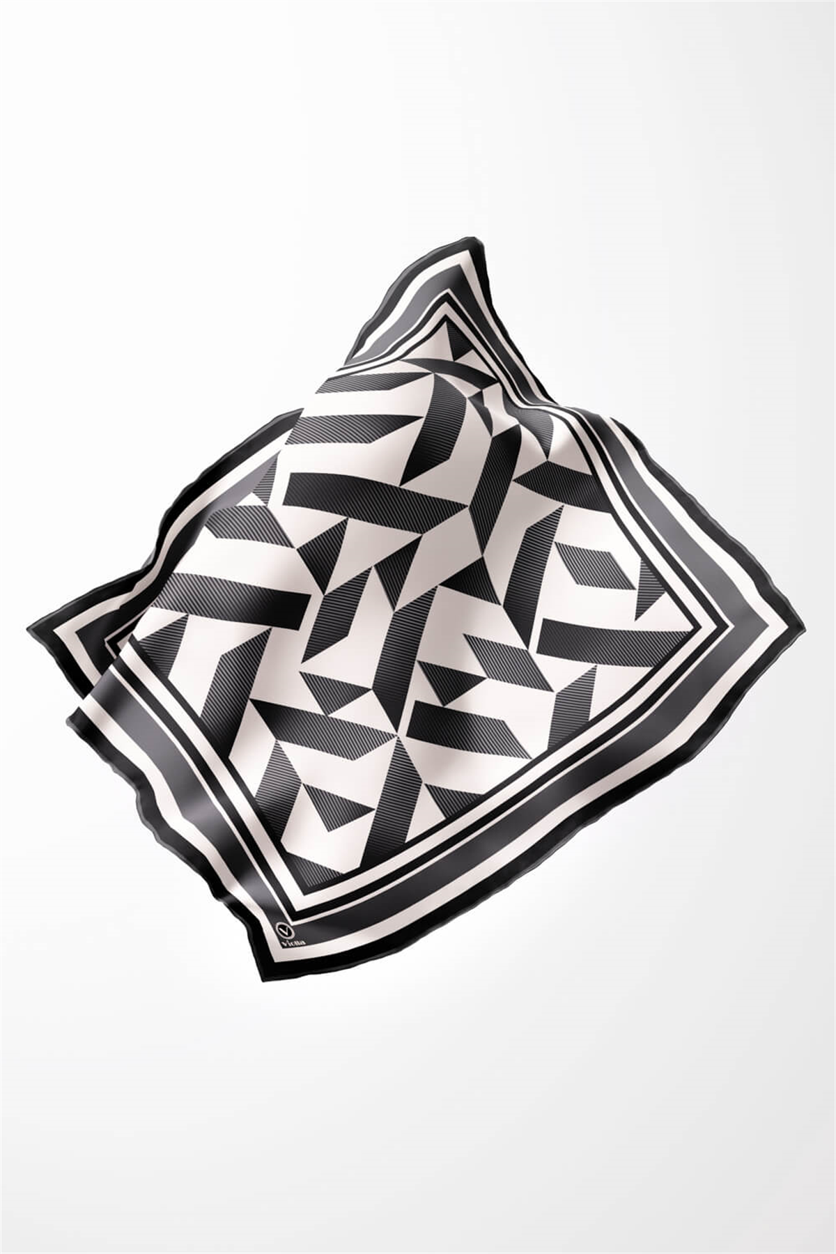 Twill Geometrik Desenli Füme Renkli 90x90 Eşarp (İpek İçermez) Kenar Dikiş Şekli El Dikişli
