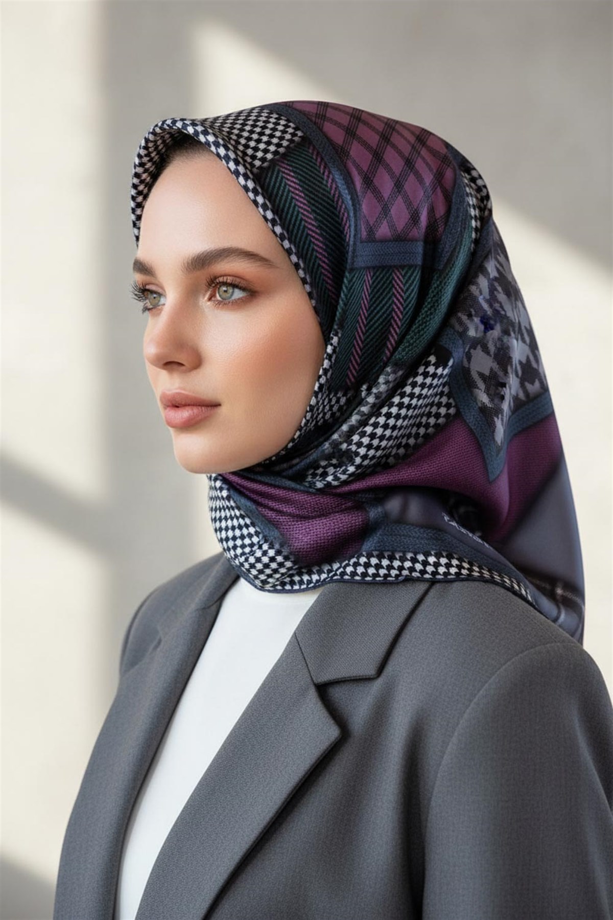 %100 Twill İpek Kazakayaklı Ve Ekose Desenli Gri - Gümüş Renkli 90x90 Eşarp Dikim Şekli : El Dikişi