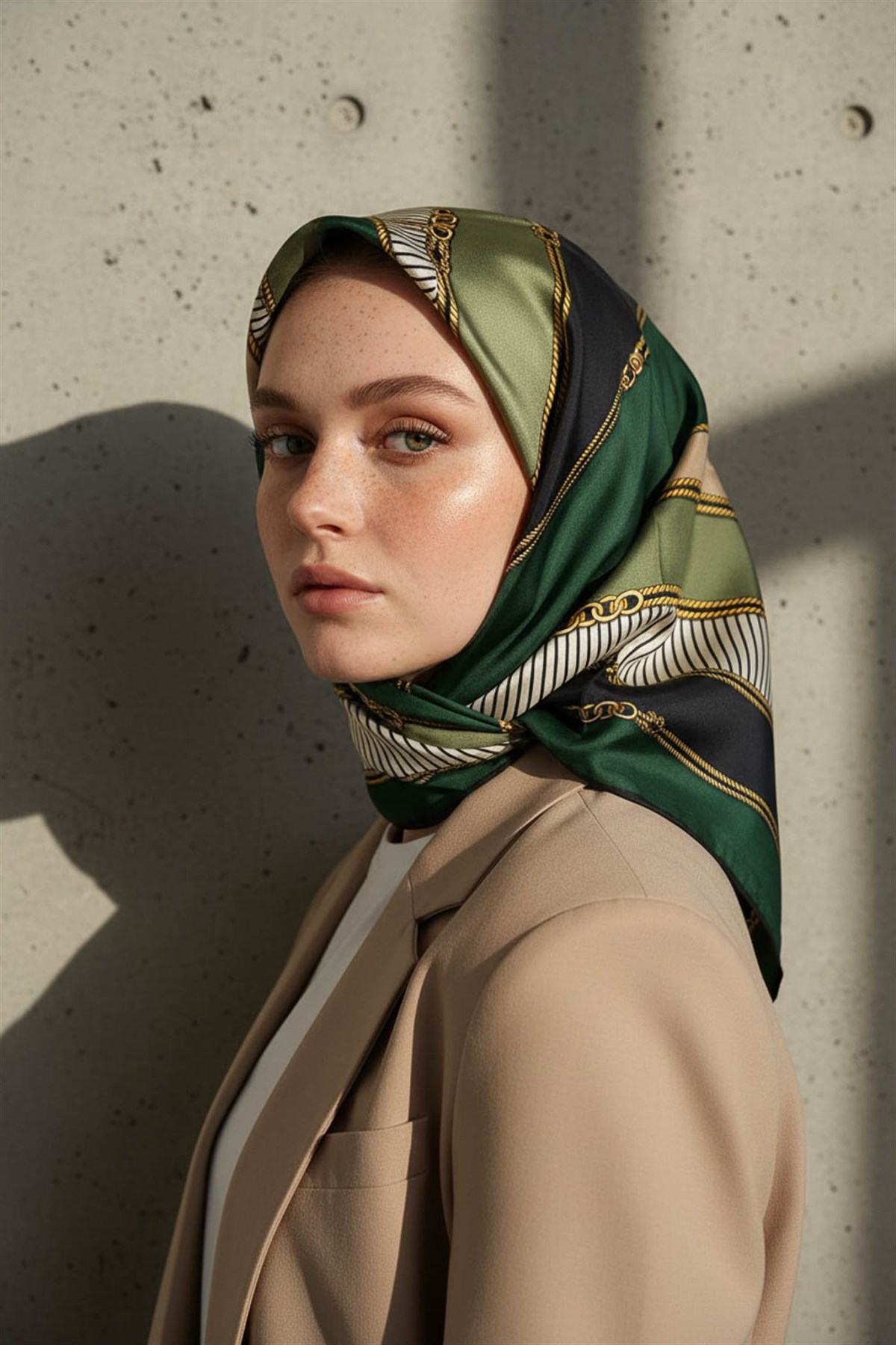 % 57 İPEK % 43 VİSKON Twill İpek Zincir Detaylı Geometrik Desenli Zümrüt Yeşili - Siyah Renkli 90x90 Eşarp Dikim Şekli : El Dikişi