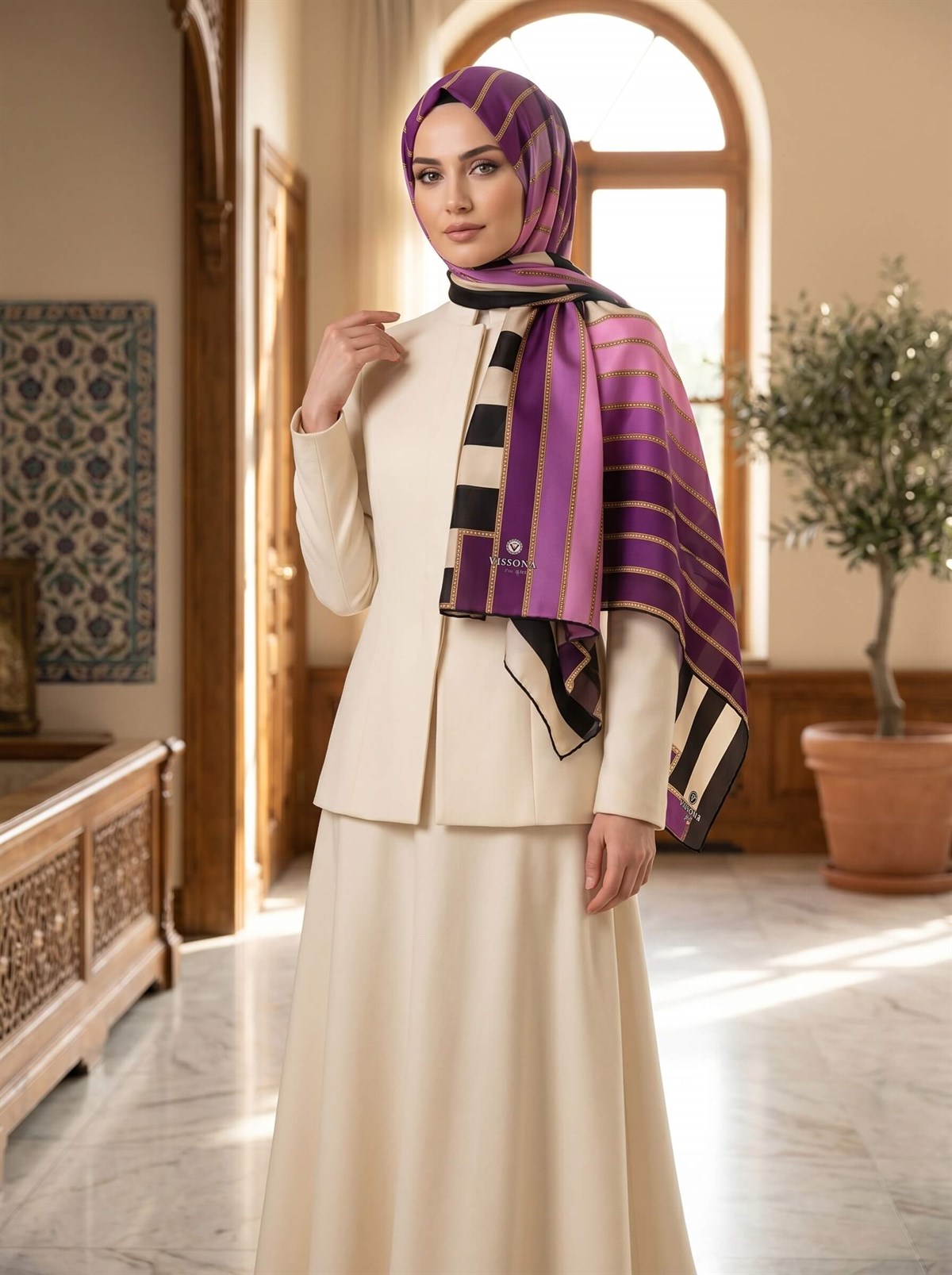 %100 İpek Şerit Desenli Mürdüm - Pembe Renkli 92x210 Şal