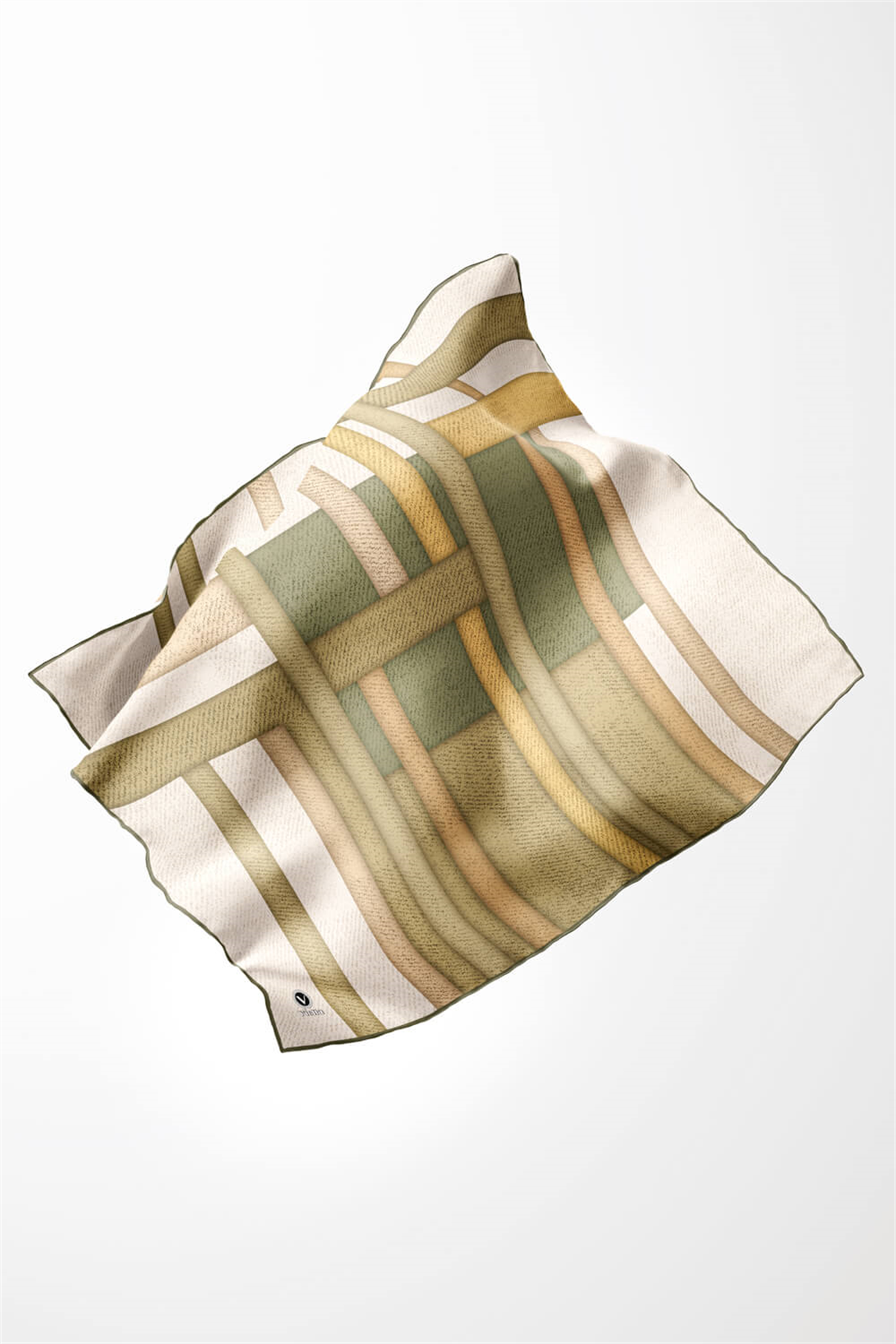 Twill Renkli Şerit Desenli Haki Renkli 90x90 Eşarp (İpek İçermez) Kenar Dikiş Şekli El Dikişli