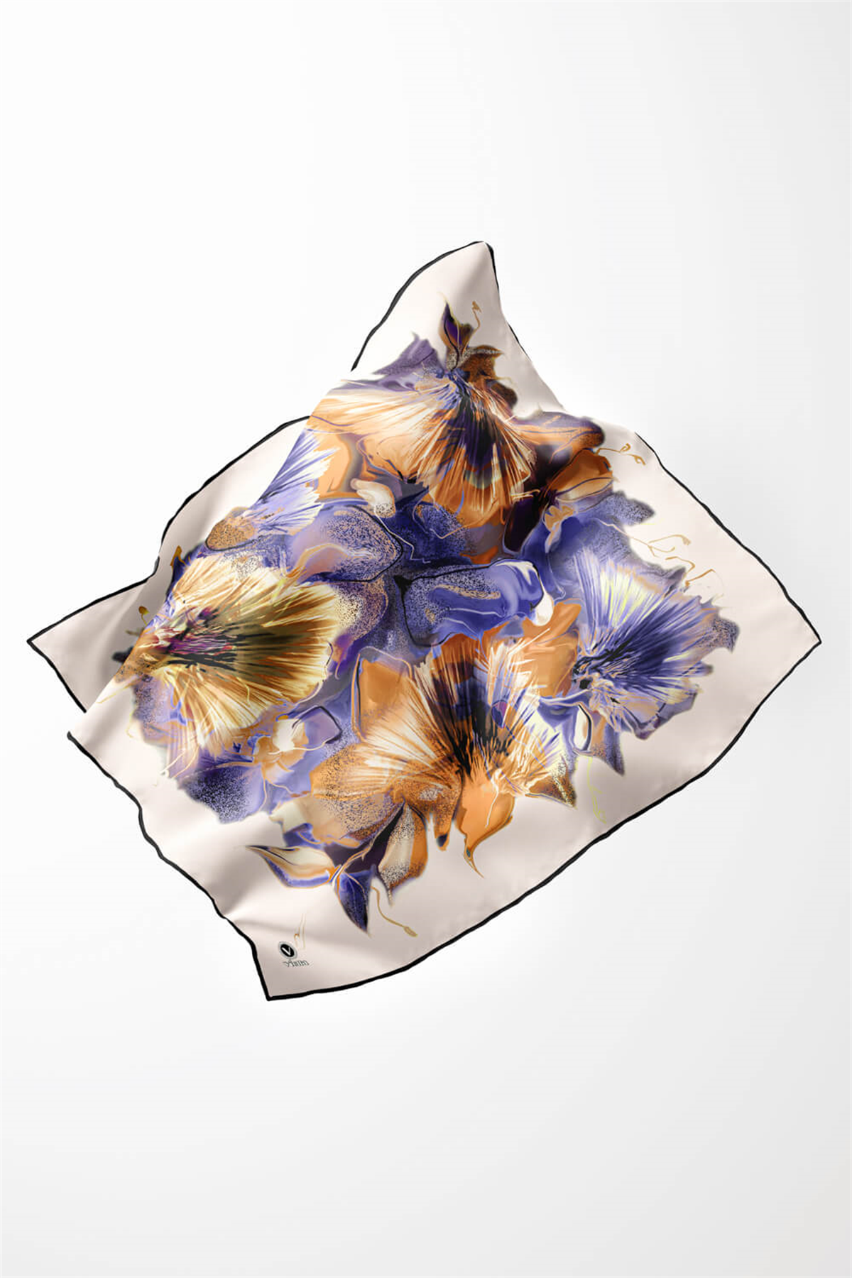 Twill Çiçek Desenli Hardal - Mor Renkli 90x90 Eşarp (İpek İçermez) Kenar Dikiş Şekli El Dikişli