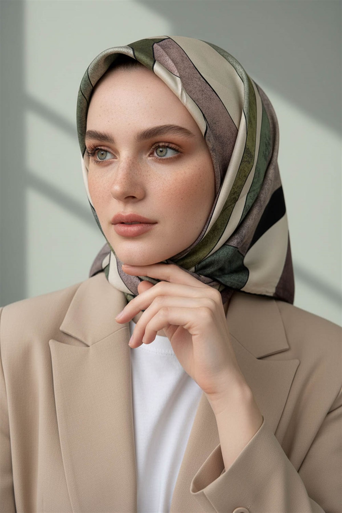 %100 Twill İpek Geometrik Desenli Bakır - Haki Renkli 90x90 Eşarp Dikim Şekli : El Dikişi