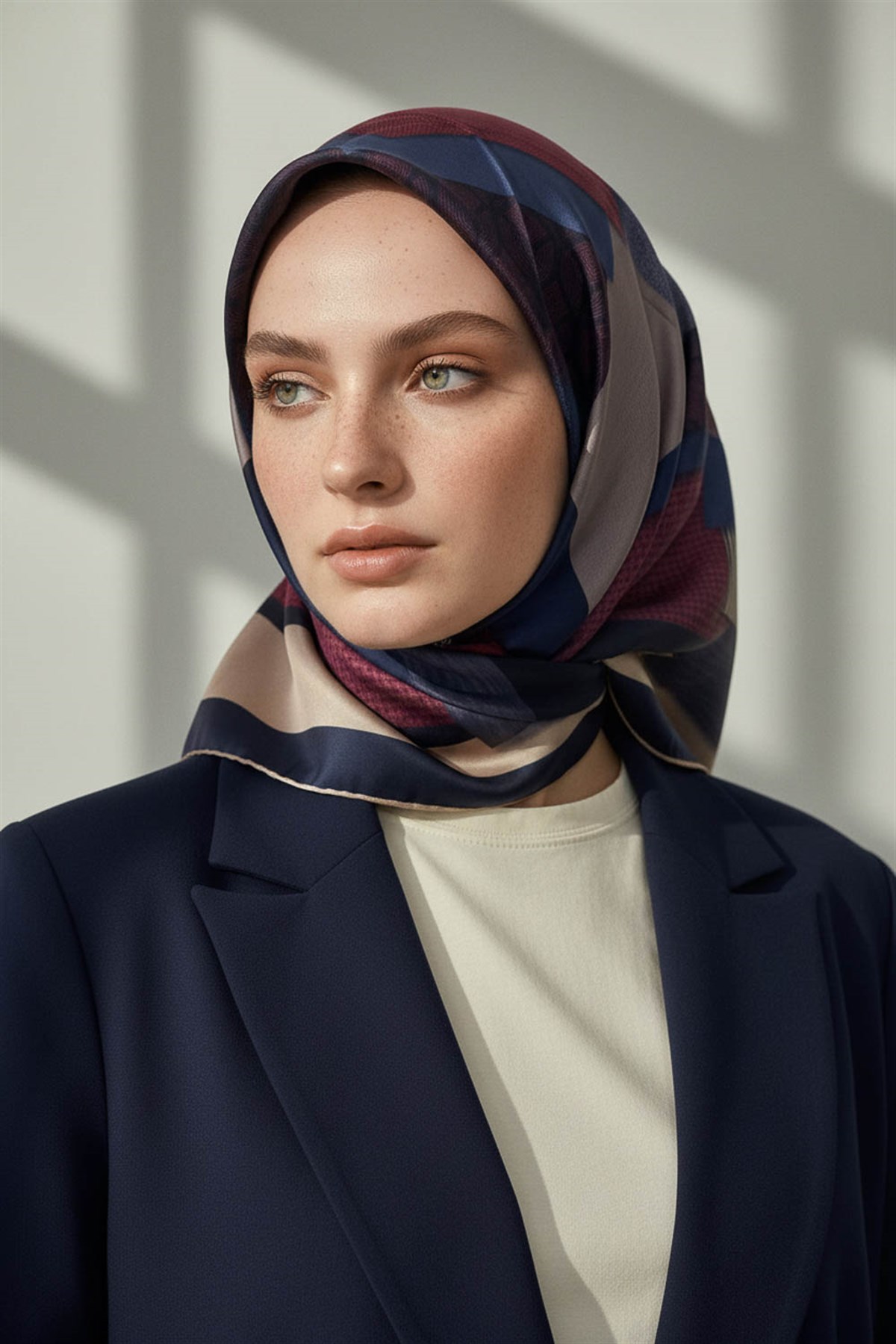 %100 Twill İpek Geometrik Desenli Bordo - Lacivert Renkli 90x90 Eşarp Dikim Şekli : El Dikişi