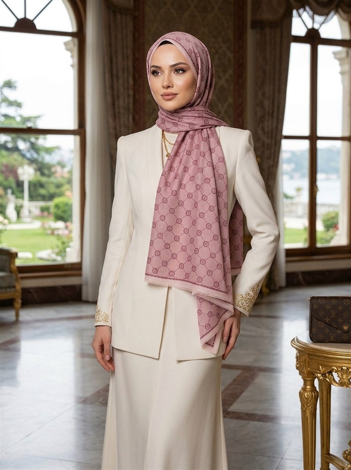 %100 Saf İpek Şal İnce Saten Vual Dokuma V Logo Desenli Gül Kurusu Renkli 90x210 Şal