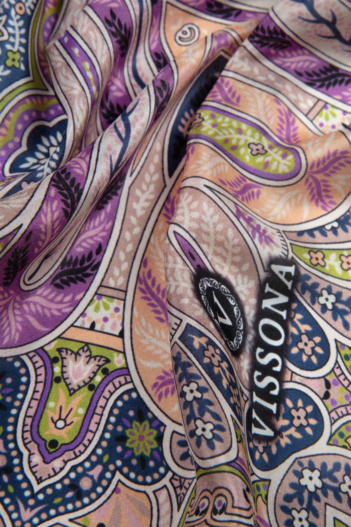 100% İpek Etro Desenli Fıstık Yeşili - Mor Renkli 92x210 Şal